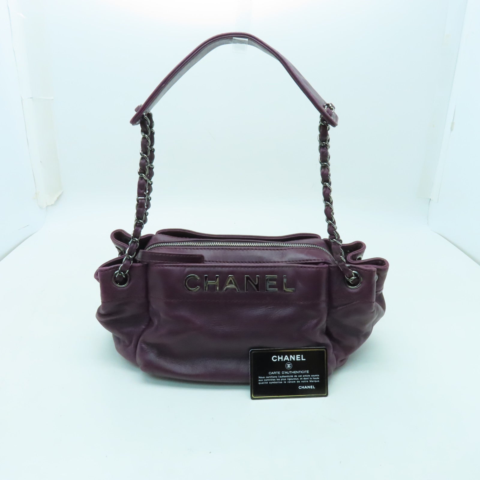CHANEL 羊皮皮革Chain Shoulder銀扣鏈帶肩背袋紫色