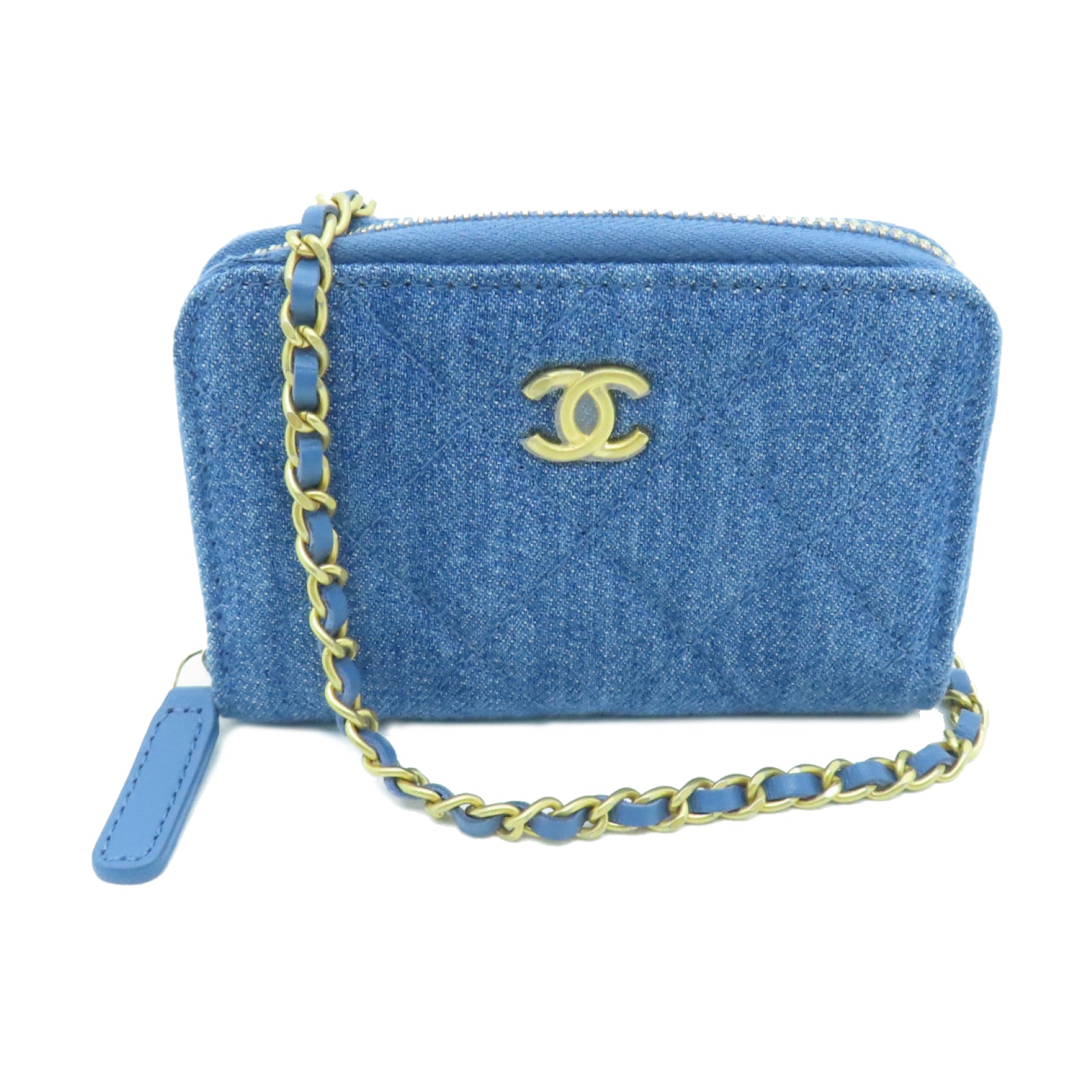 CHANEL 【激減優惠】菱格帆布Chain Shoulder Card Case金扣卡片套藍色