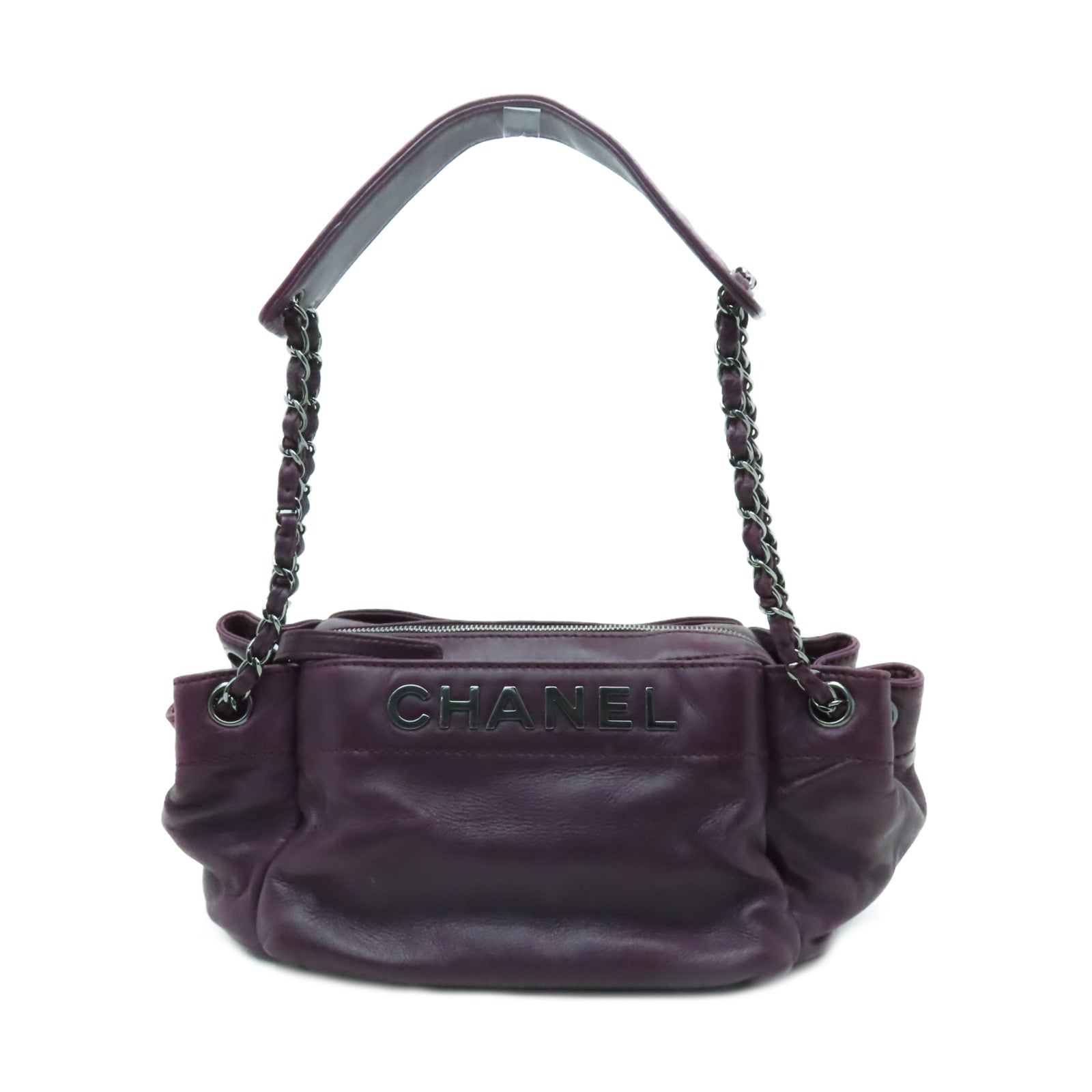 CHANEL 羊皮皮革Chain Shoulder銀扣鏈帶肩背袋紫色
