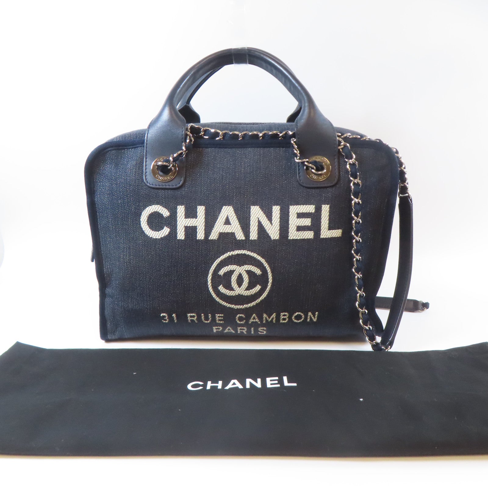 CHANEL 帆布Deauville Chain Tote Medium銀扣手挽肩背兩用袋藍色