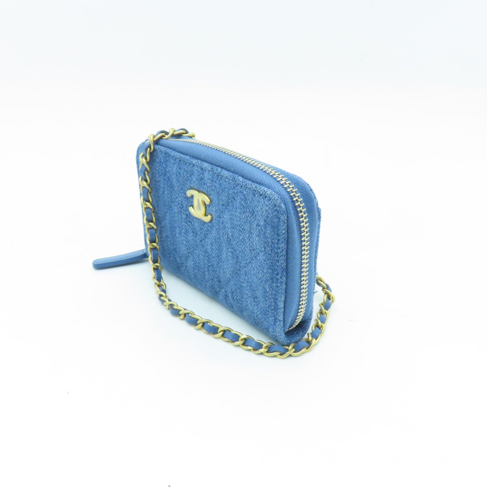 CHANEL 【激減優惠】菱格帆布Chain Shoulder Card Case金扣卡片套藍色