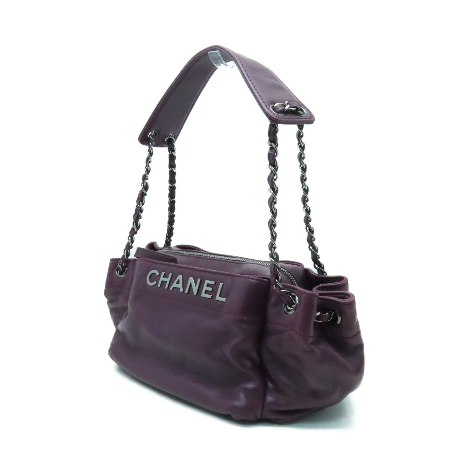 CHANEL 羊皮皮革Chain Shoulder銀扣鏈帶肩背袋紫色