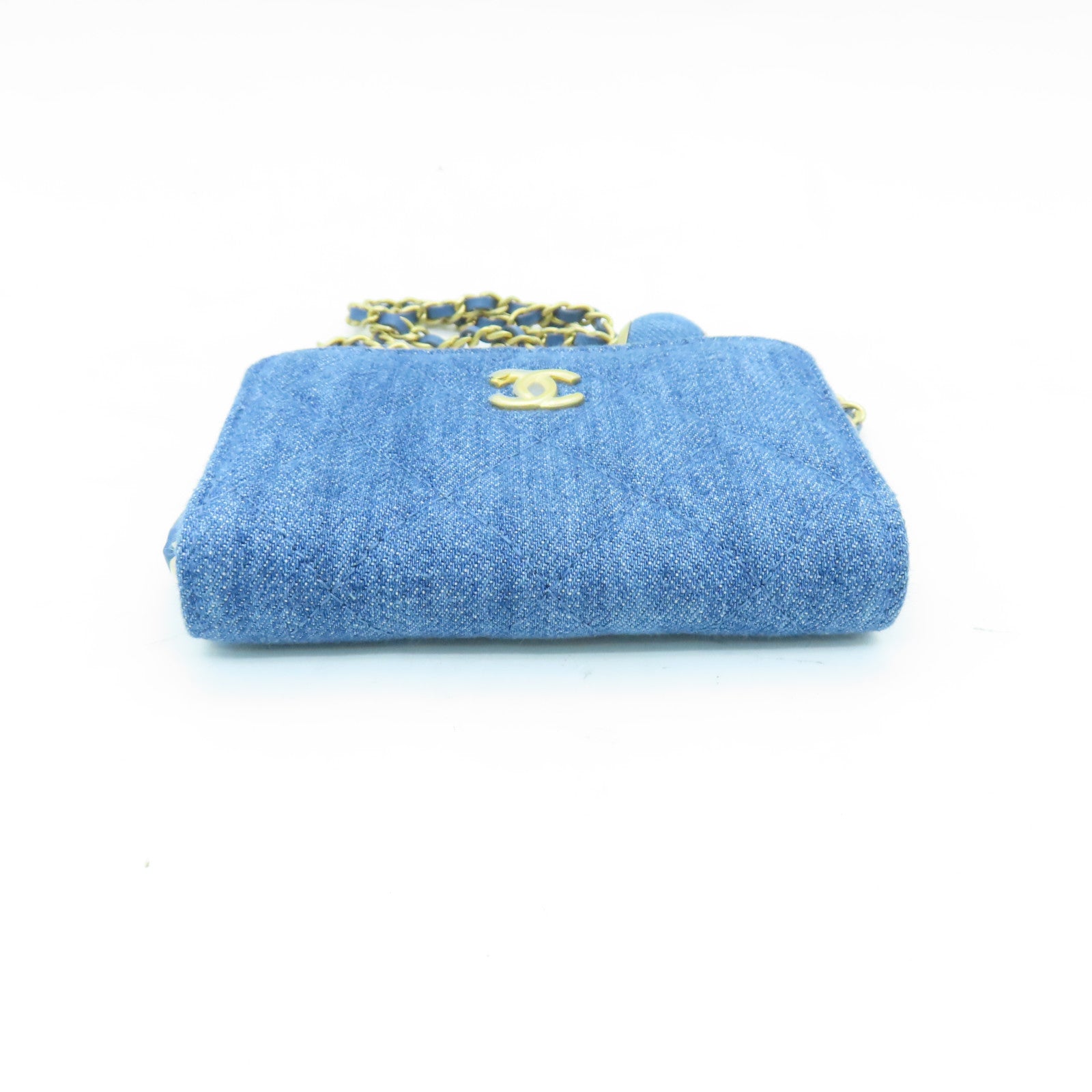 CHANEL 【激減優惠】菱格帆布Chain Shoulder Card Case金扣卡片套藍色