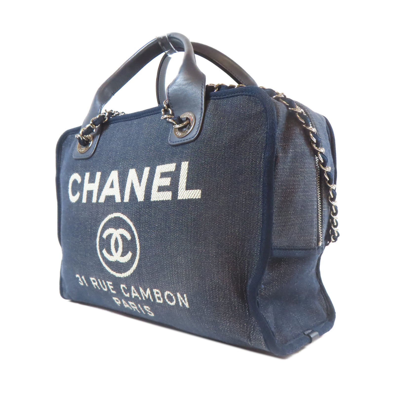 CHANEL 帆布Deauville Chain Tote Medium銀扣手挽肩背兩用袋藍色