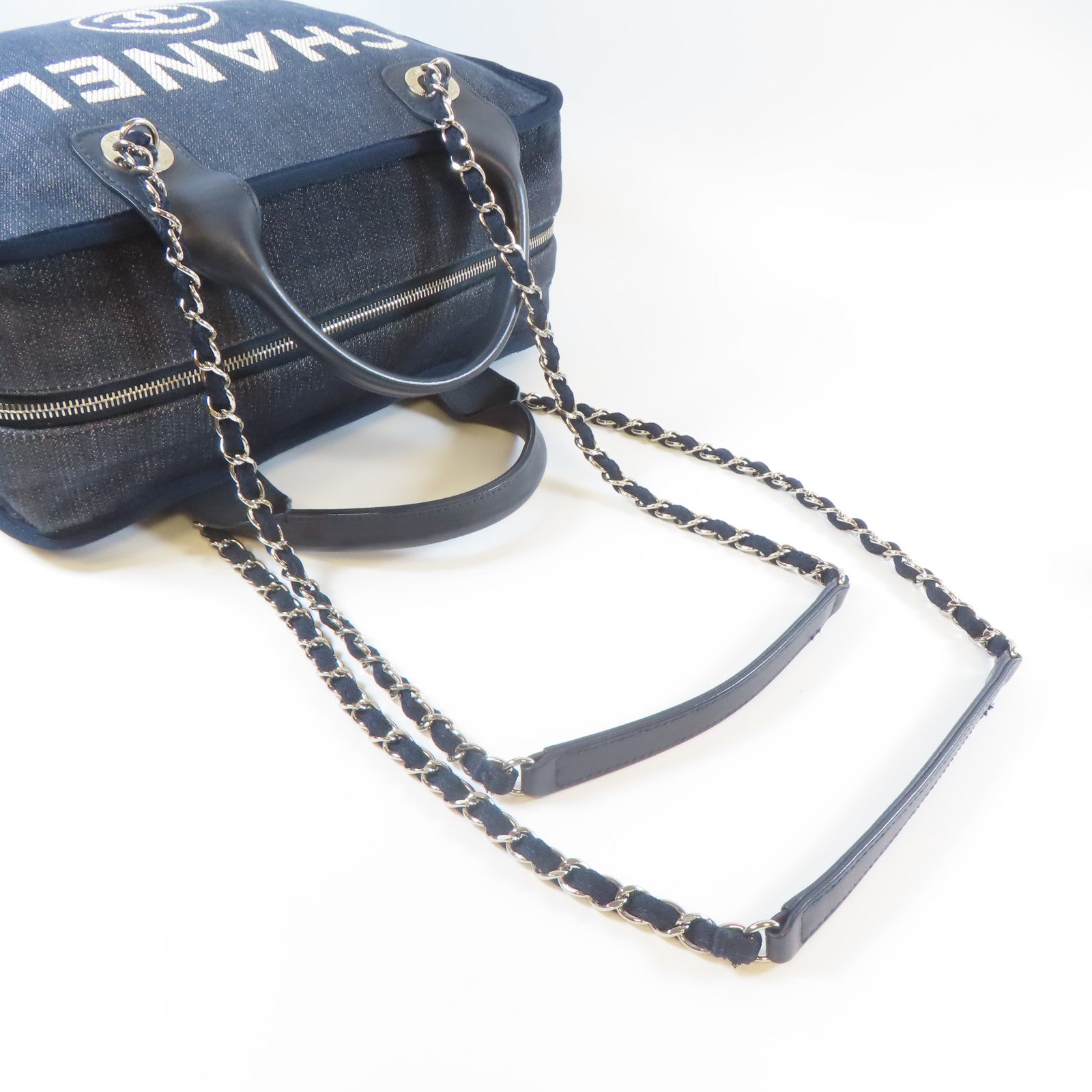 CHANEL 帆布Deauville Chain Tote Medium銀扣手挽肩背兩用袋藍色
