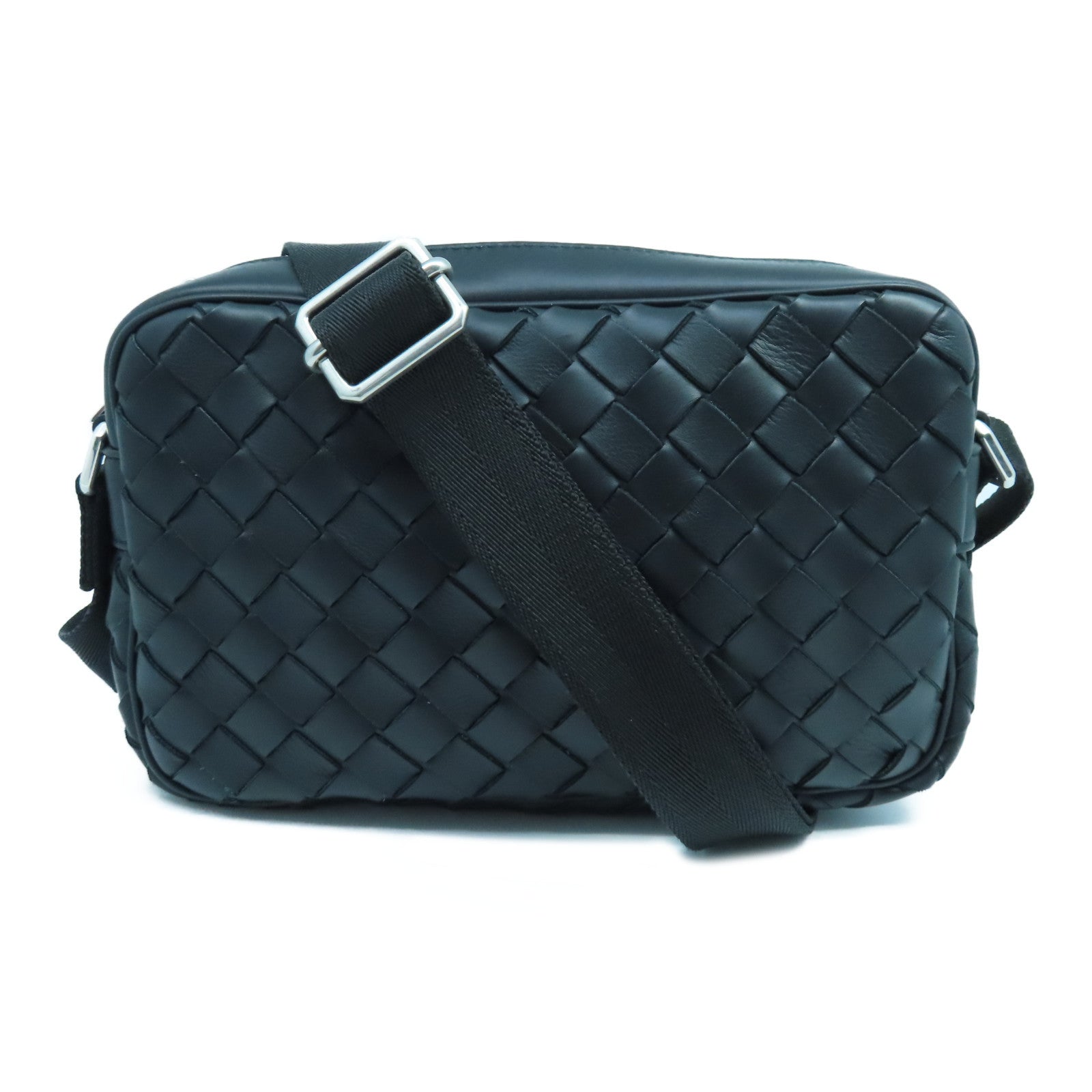 BOTTEGA VENETA 織紋皮革Small Intrecciato Camera Bag銀扣肩背袋黑色
