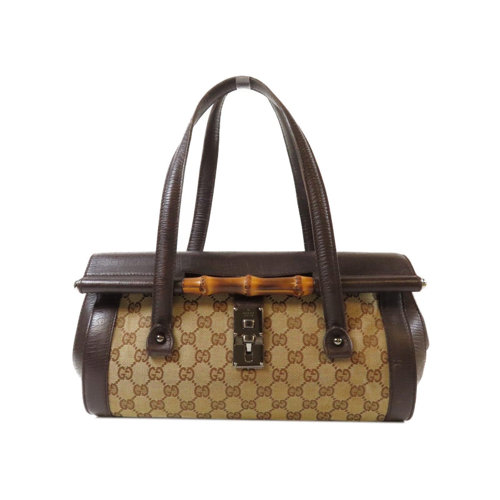 GUCCI 帆布Bamboo Hand Bag銀扣肩背袋啡色