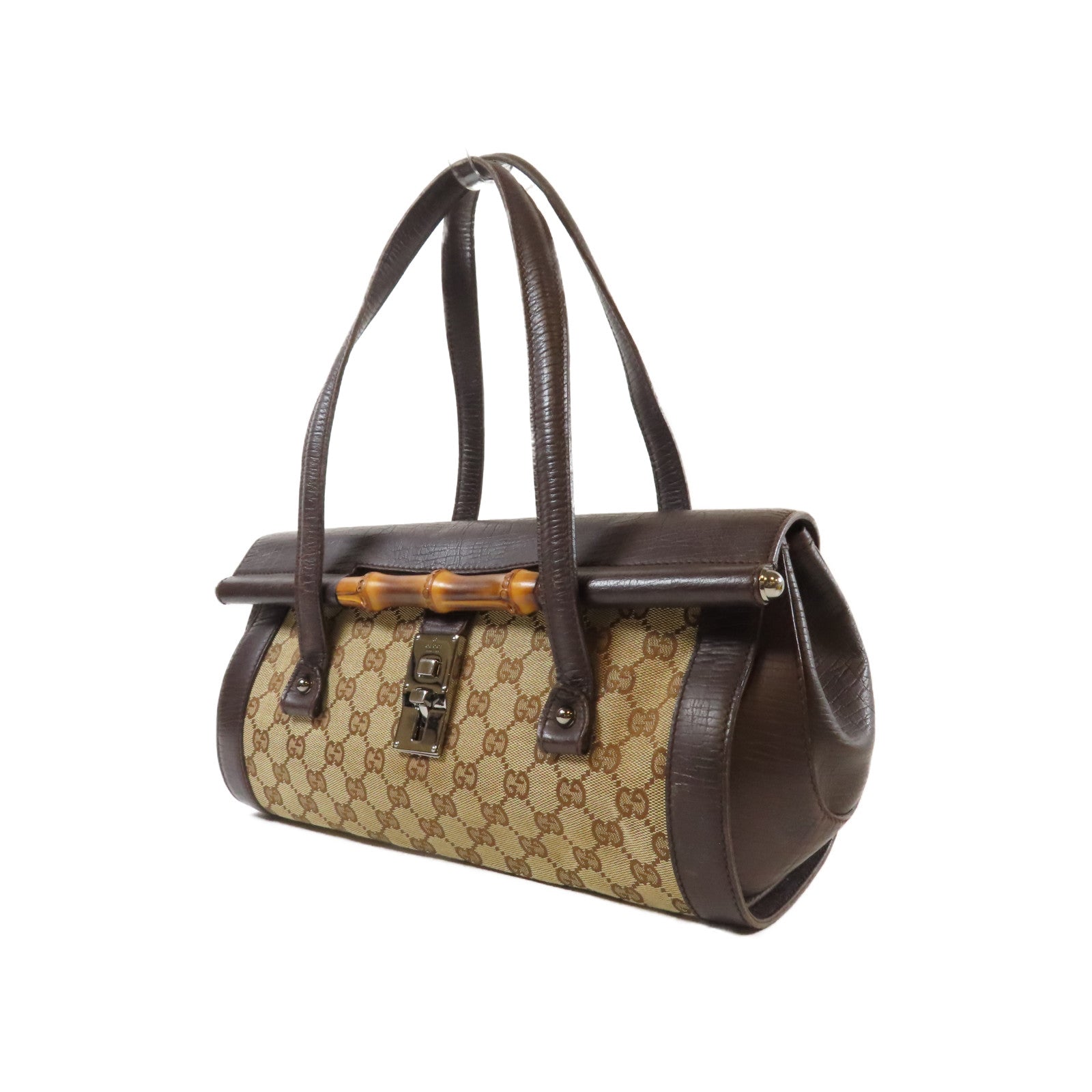 GUCCI 帆布Bamboo Hand Bag銀扣肩背袋啡色