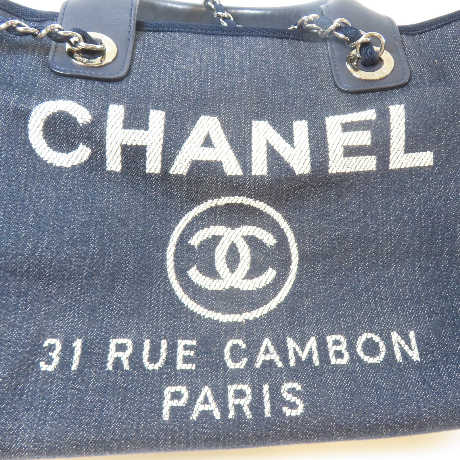CHANEL 帆布Deauville Chain Tote Medium銀扣手挽肩背兩用袋藍色