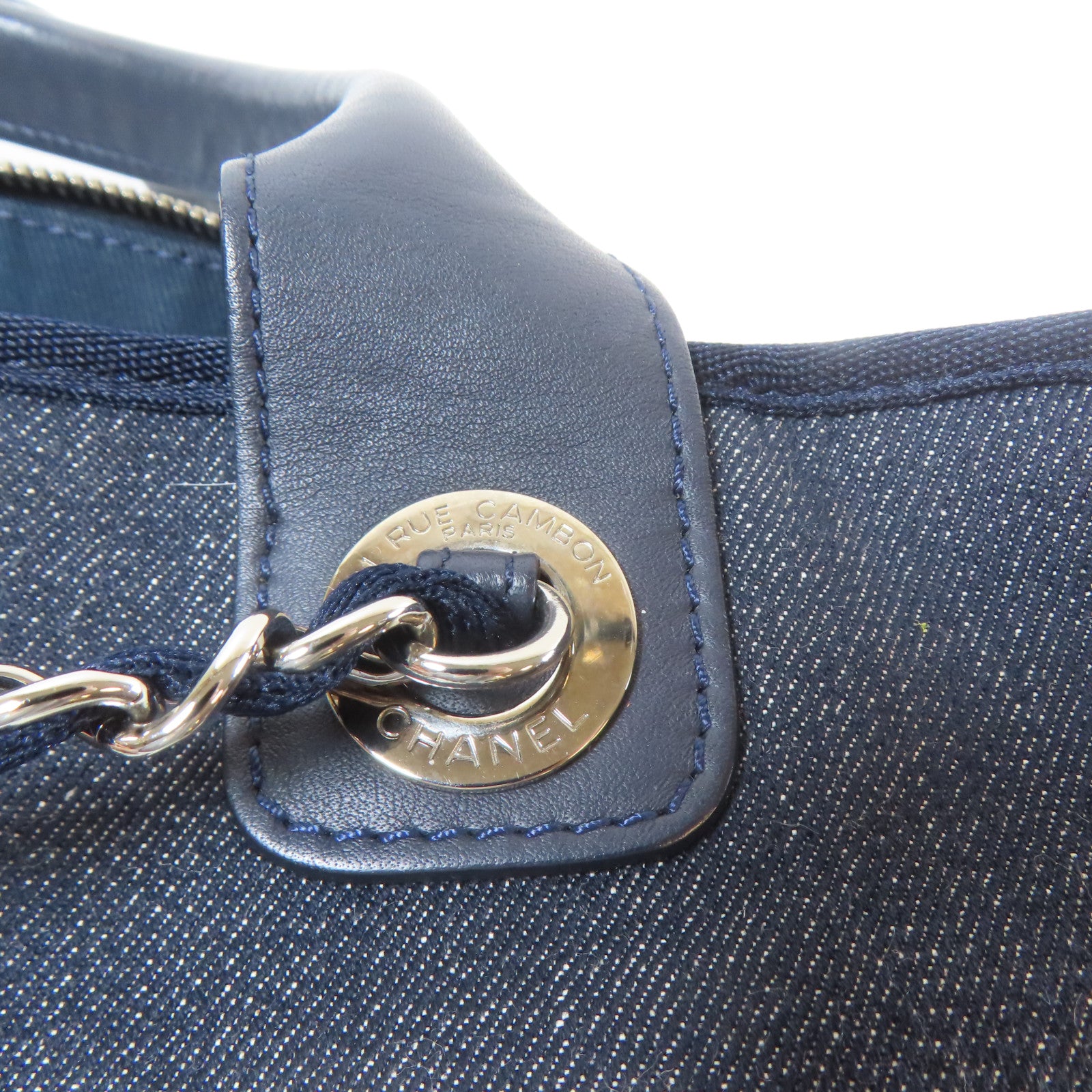 CHANEL 帆布Deauville Chain Tote Medium銀扣手挽肩背兩用袋藍色
