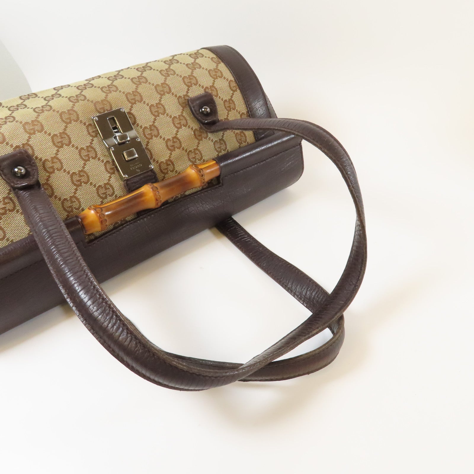 GUCCI 帆布Bamboo Hand Bag銀扣肩背袋啡色
