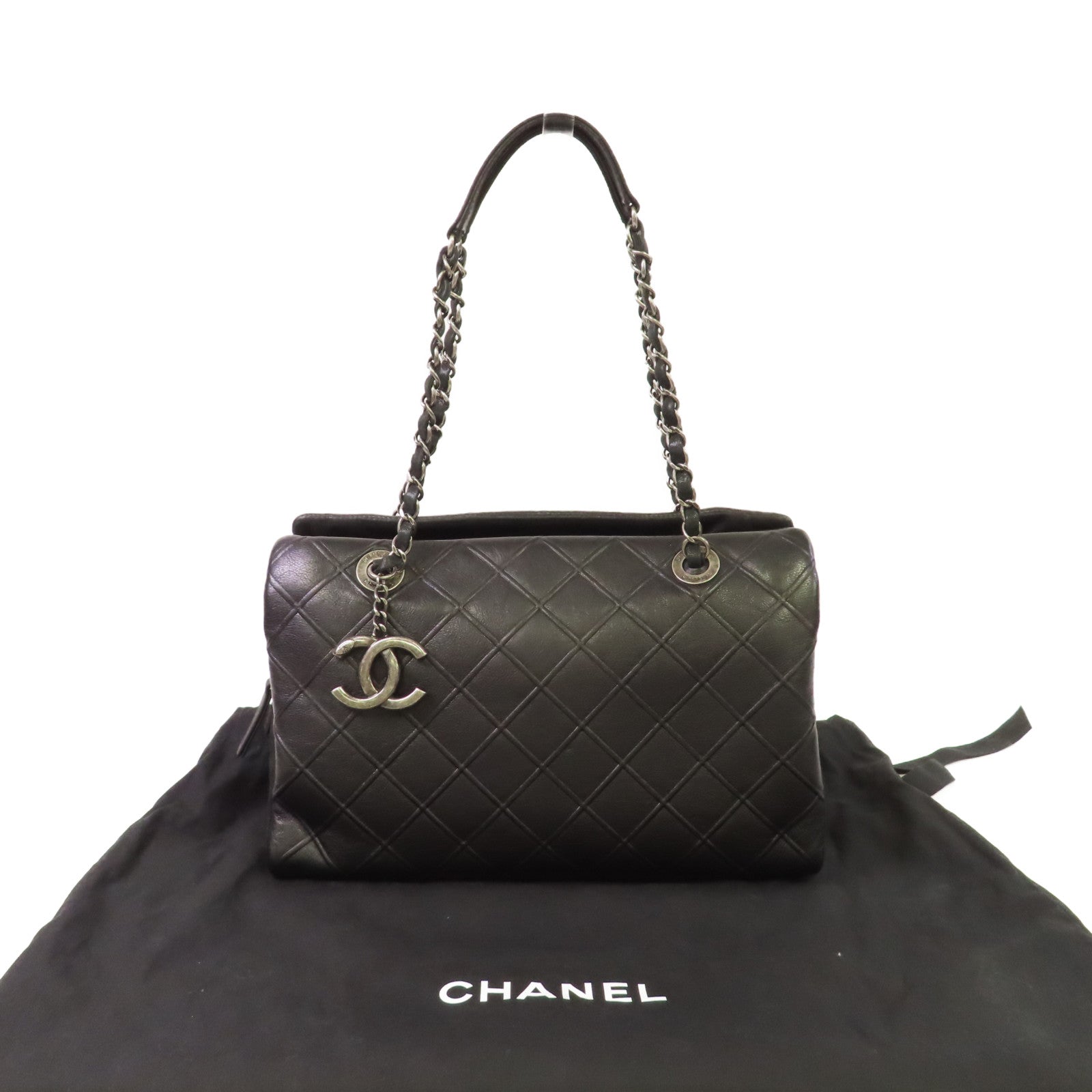 CHANEL 菱格牛皮皮革Chain Shoulder Bag銀扣鏈帶肩背袋黑色
