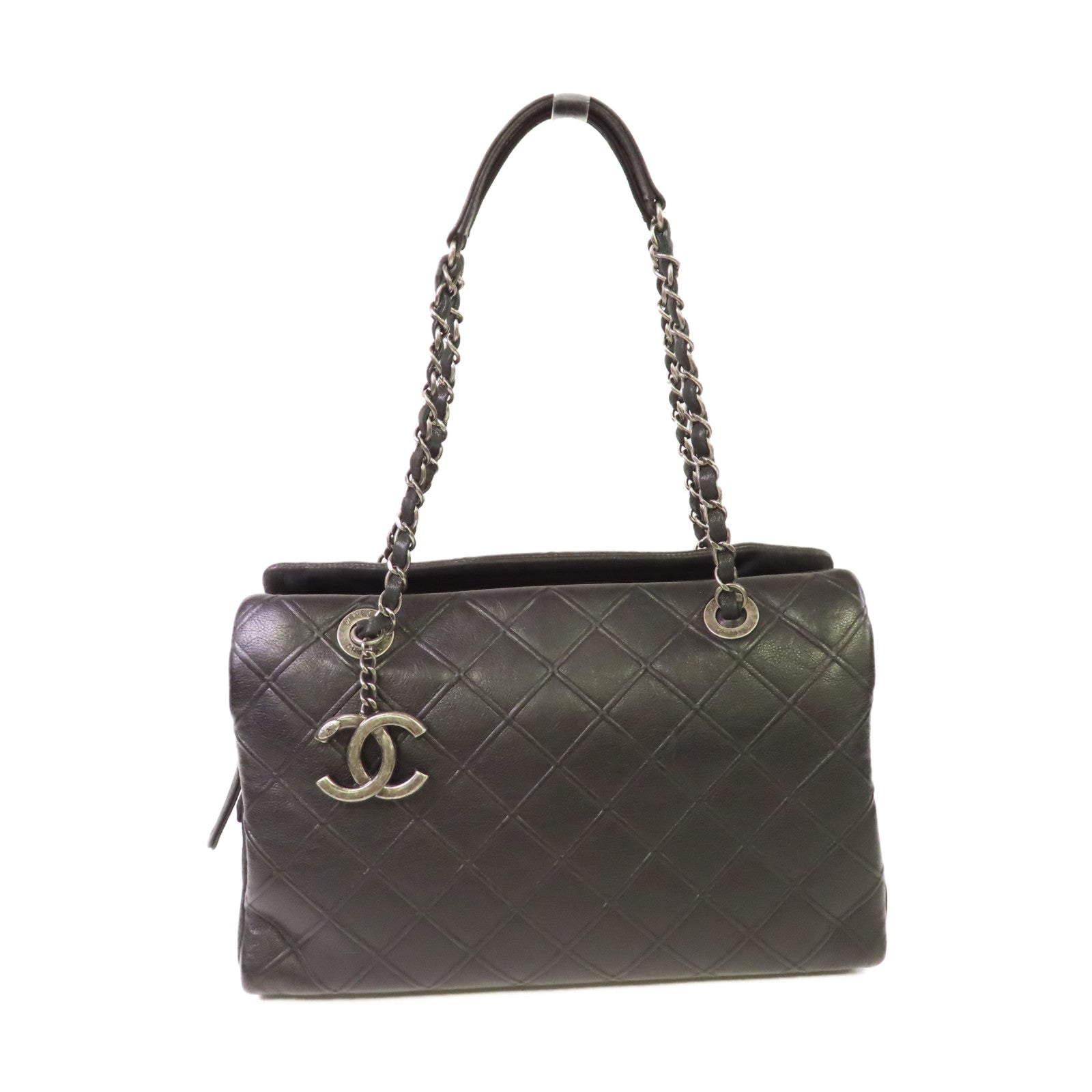 CHANEL 菱格牛皮皮革Chain Shoulder Bag銀扣鏈帶肩背袋黑色