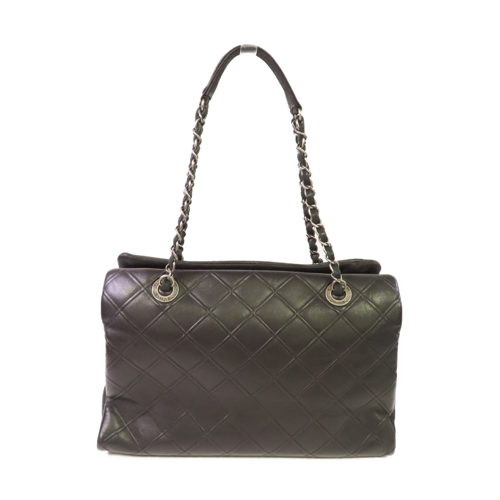 CHANEL 菱格牛皮皮革Chain Shoulder Bag銀扣鏈帶肩背袋黑色