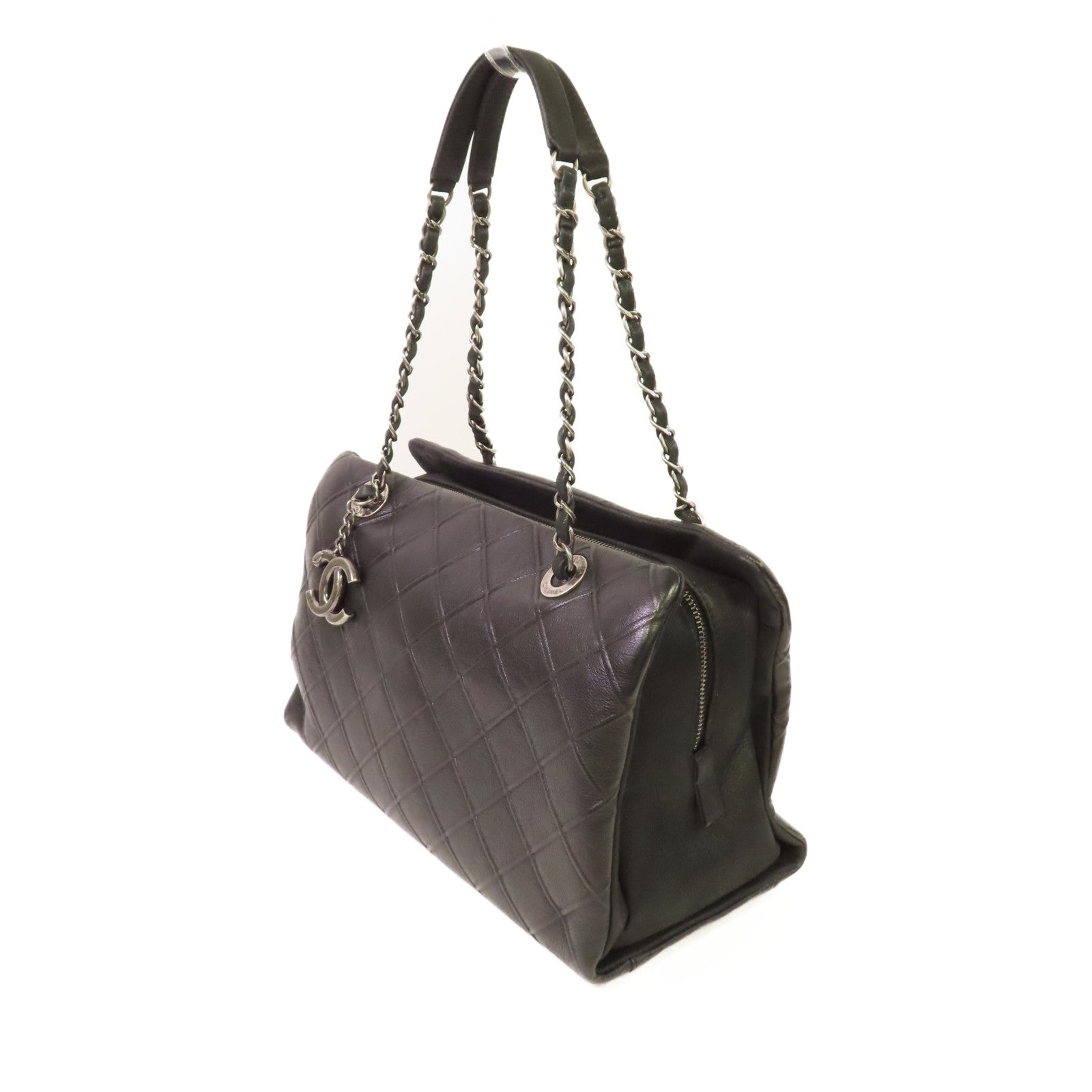 CHANEL 菱格牛皮皮革Chain Shoulder Bag銀扣鏈帶肩背袋黑色