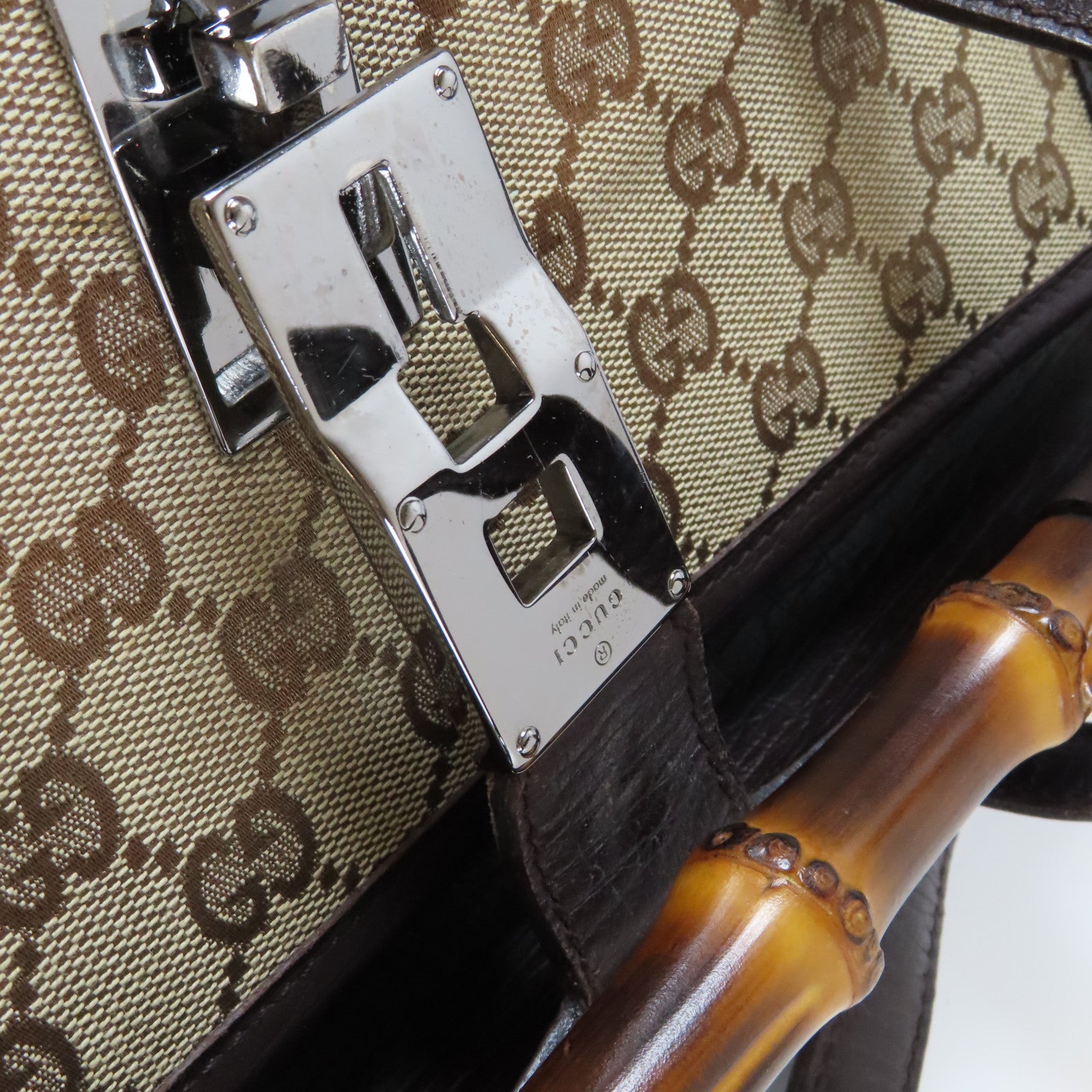 GUCCI 帆布Bamboo Hand Bag銀扣肩背袋啡色
