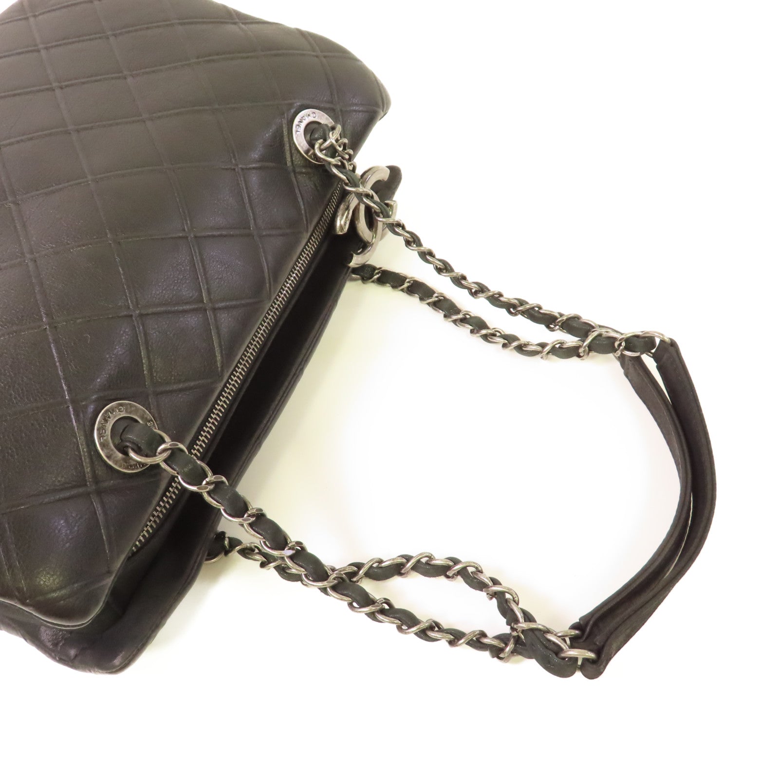 CHANEL 菱格牛皮皮革Chain Shoulder Bag銀扣鏈帶肩背袋黑色