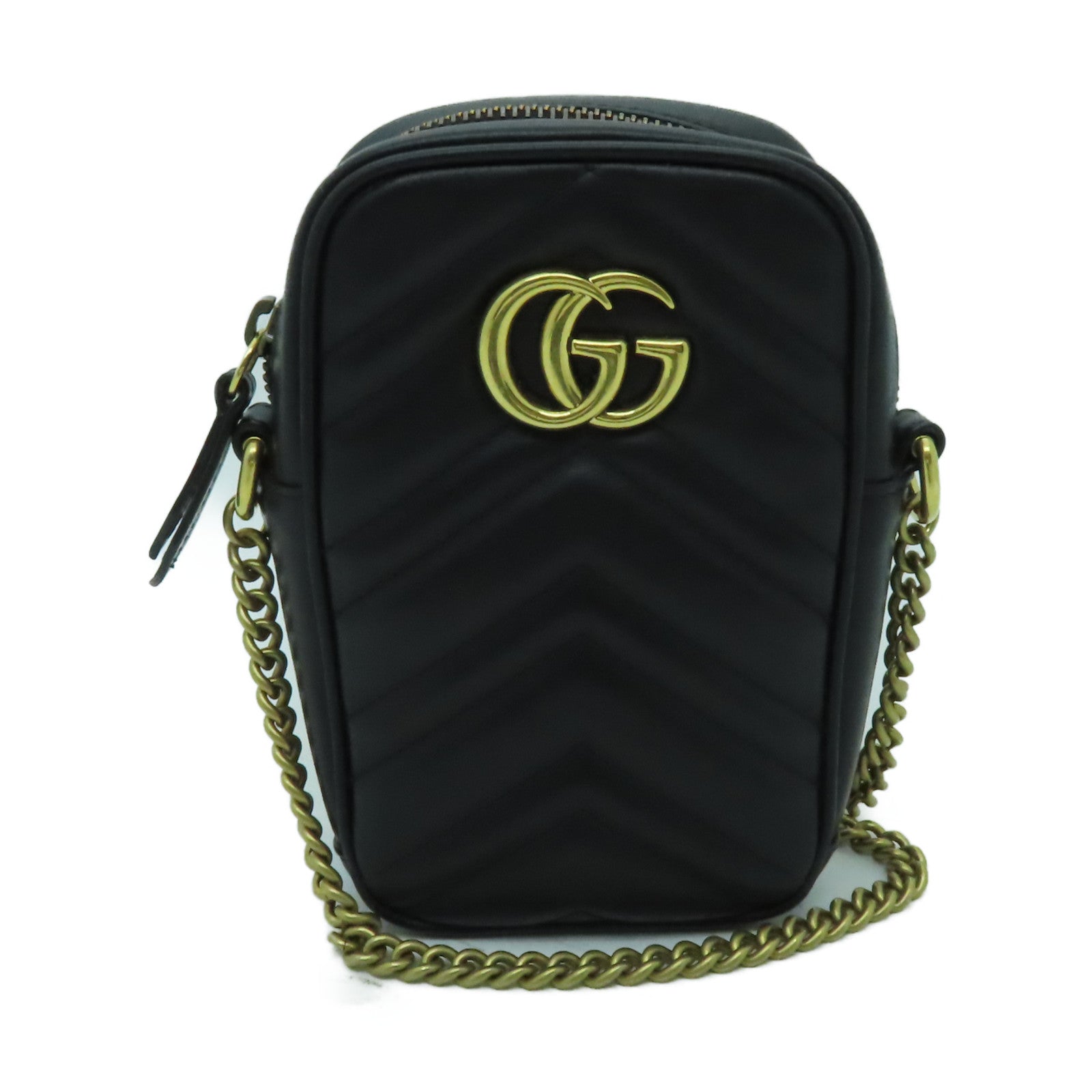 GUCCI 羊皮皮革GG Marmont Mini金扣鏈帶肩背袋黑色
