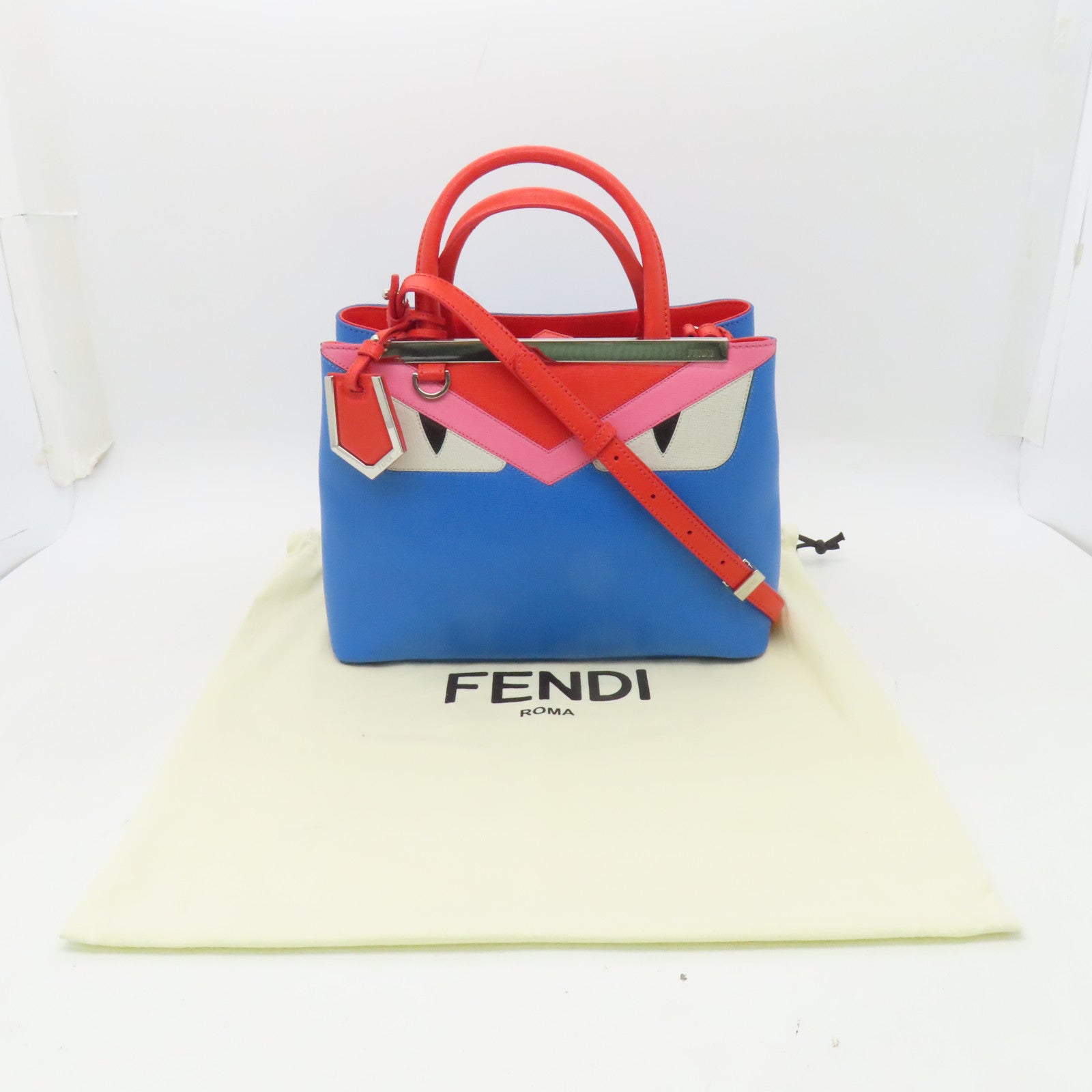 FENDI 牛皮皮革2 Jours銀扣手挽肩背兩用袋藍色/紅色