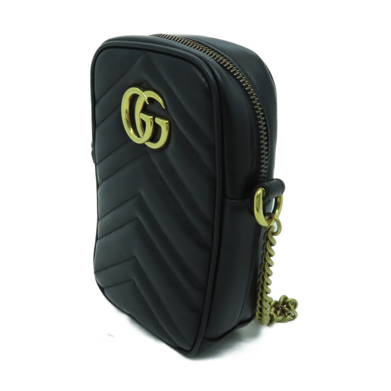 GUCCI 羊皮皮革GG Marmont Mini金扣鏈帶肩背袋黑色