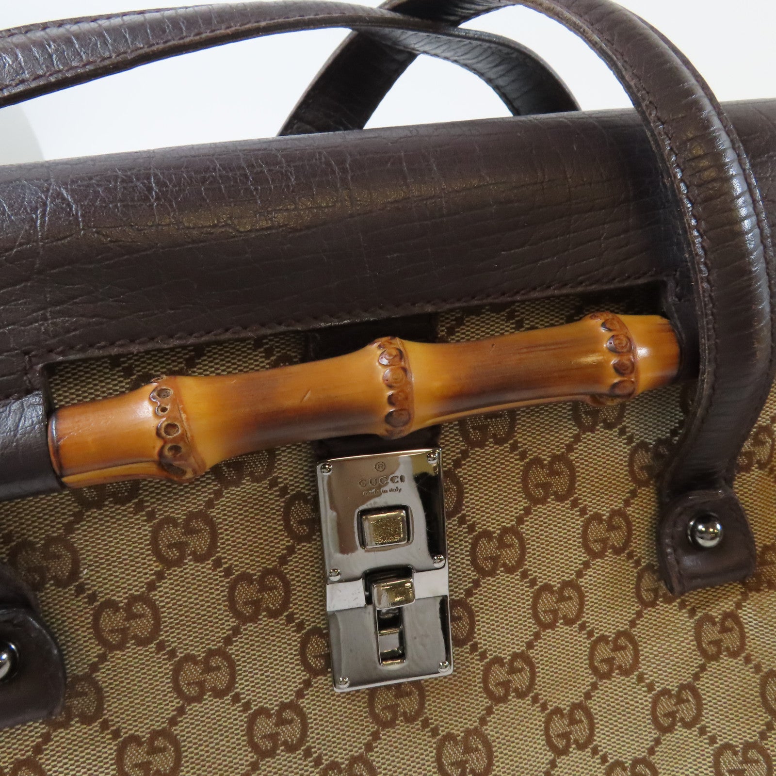 GUCCI 帆布Bamboo Hand Bag銀扣肩背袋啡色