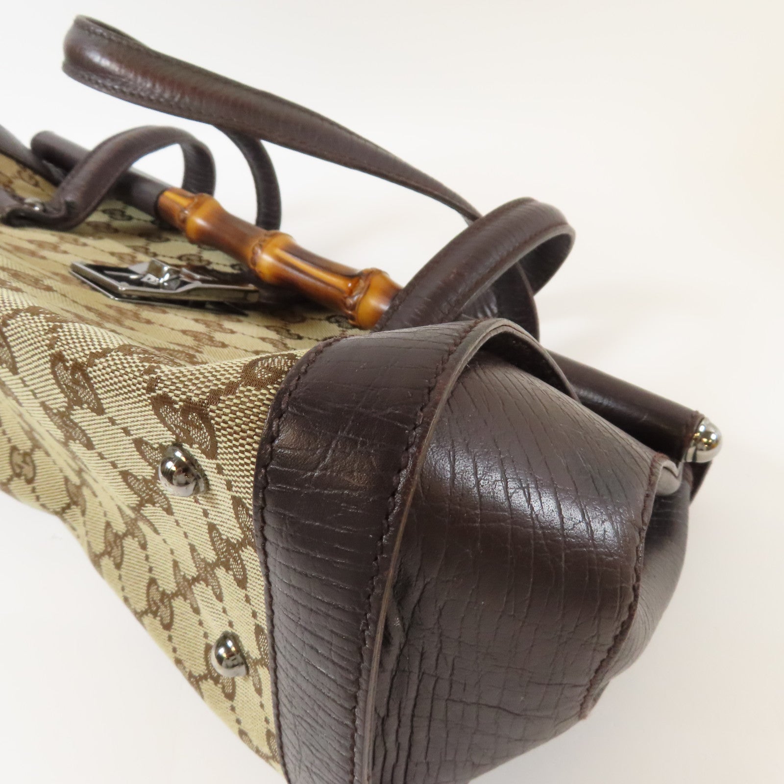 GUCCI 帆布Bamboo Hand Bag銀扣肩背袋啡色