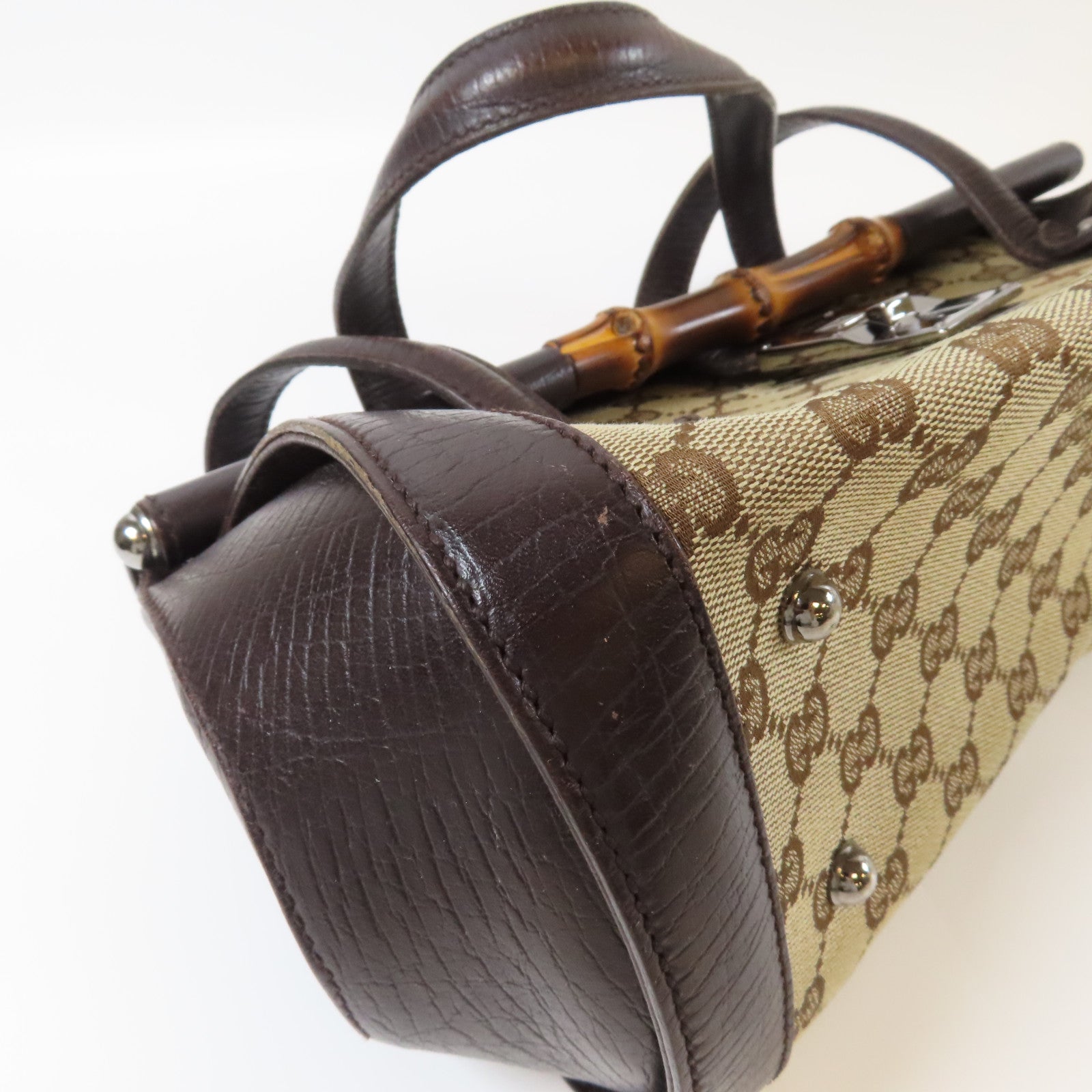 GUCCI 帆布Bamboo Hand Bag銀扣肩背袋啡色