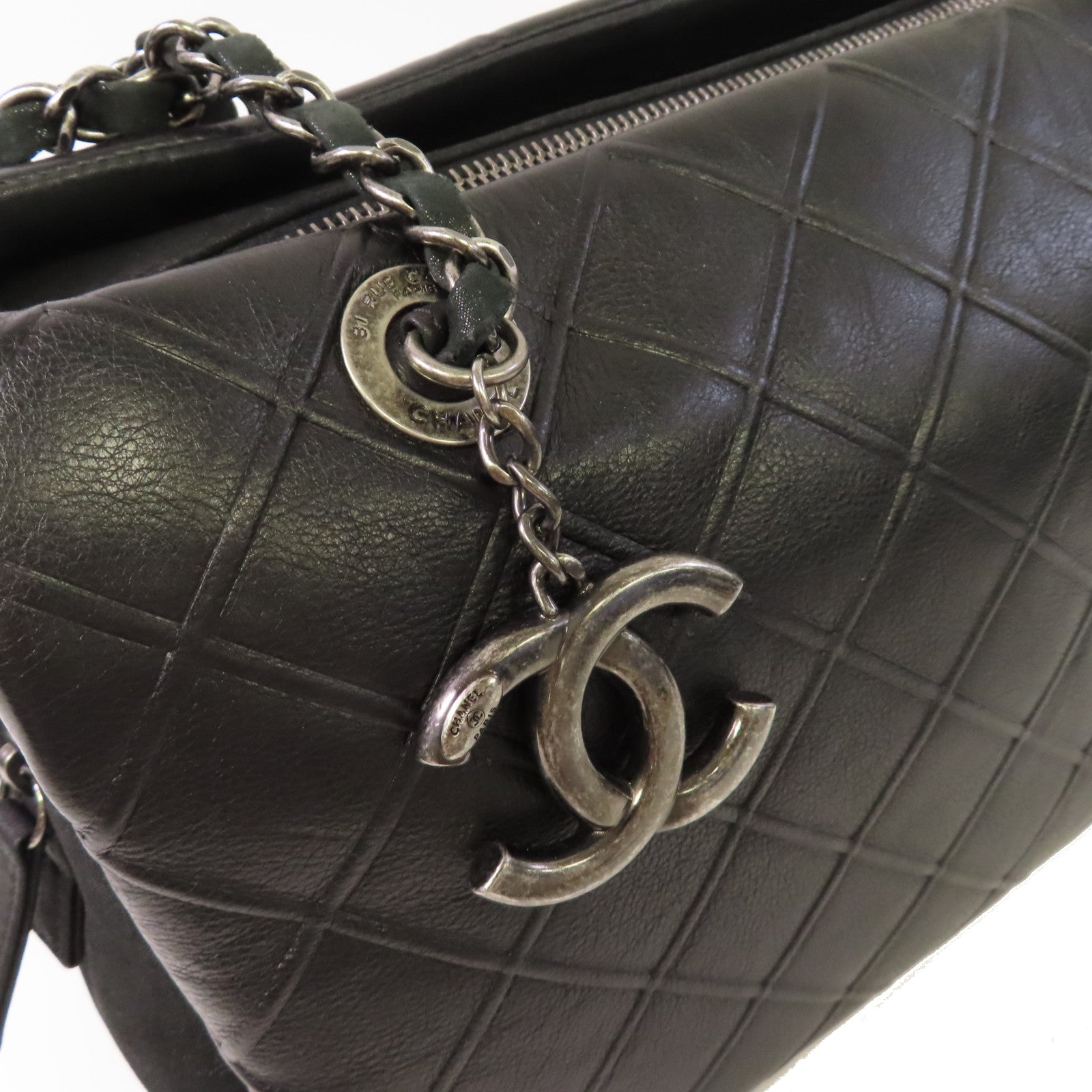 CHANEL 菱格牛皮皮革Chain Shoulder Bag銀扣鏈帶肩背袋黑色