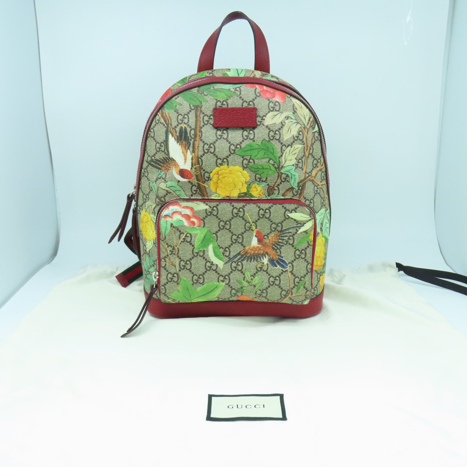 GUCCI 塗層帆布/皮革Supreme Bee GG銀扣背包紅色/啡色