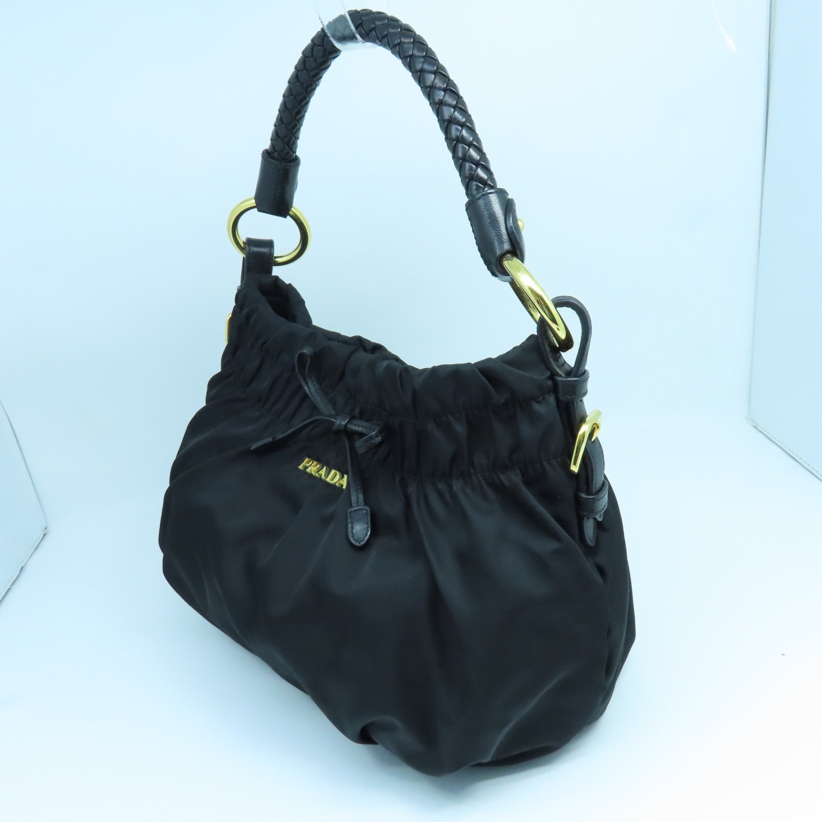 PRADA Nylon Handbag Gold Buckle Hand Bag Black