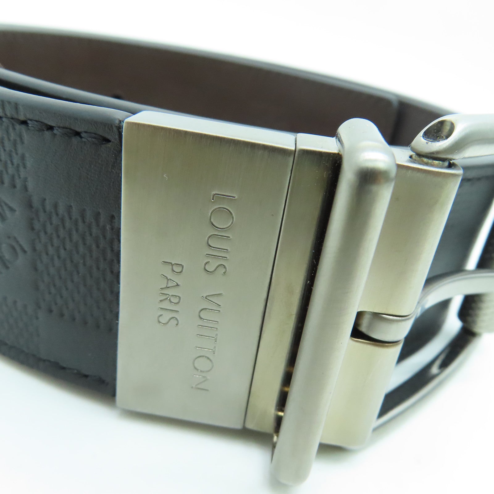 LOUIS VUITTON Damier Belt 100cm銀扣皮帶黑色