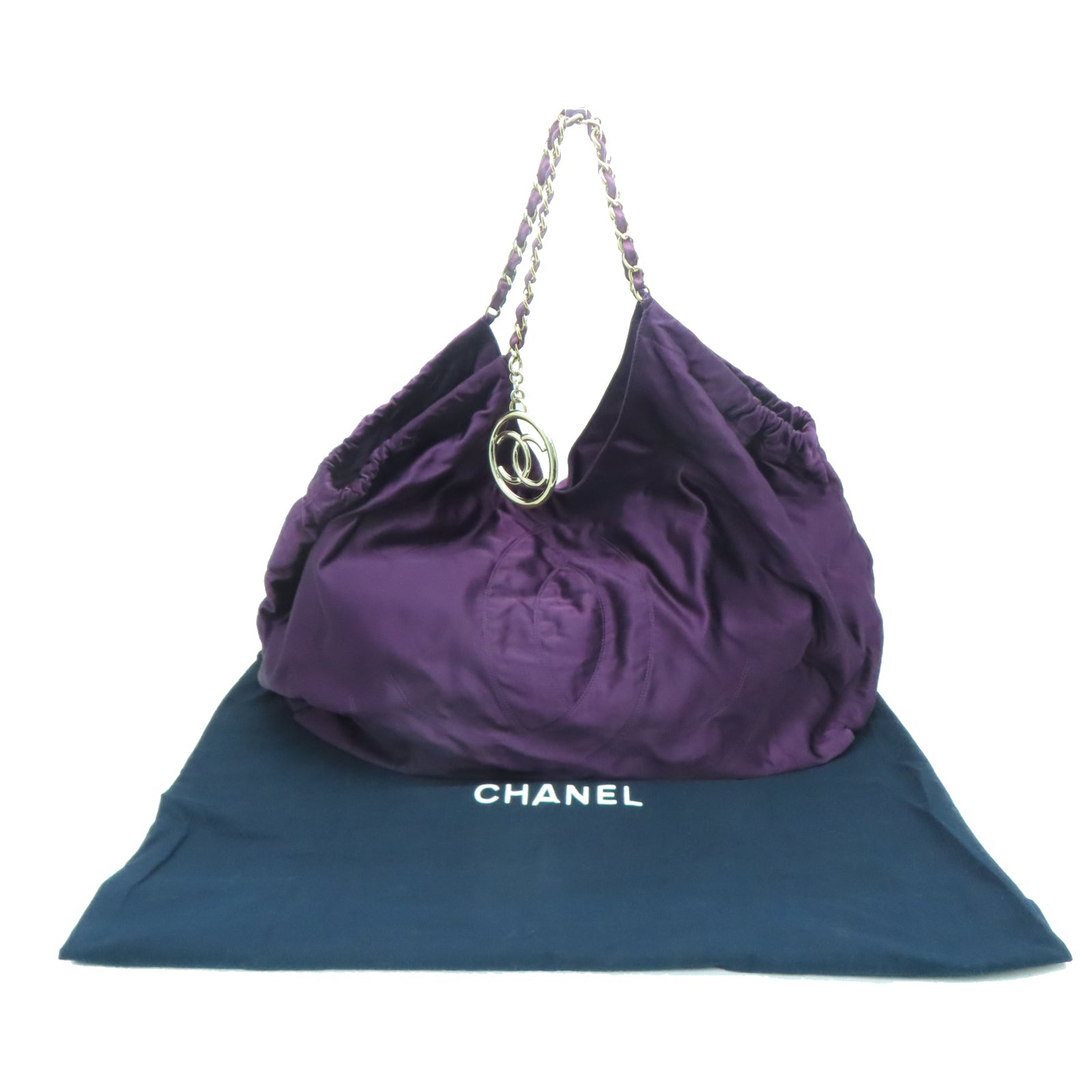 CHANEL 緞布Tote Bag金扣鏈帶托特袋紫色
