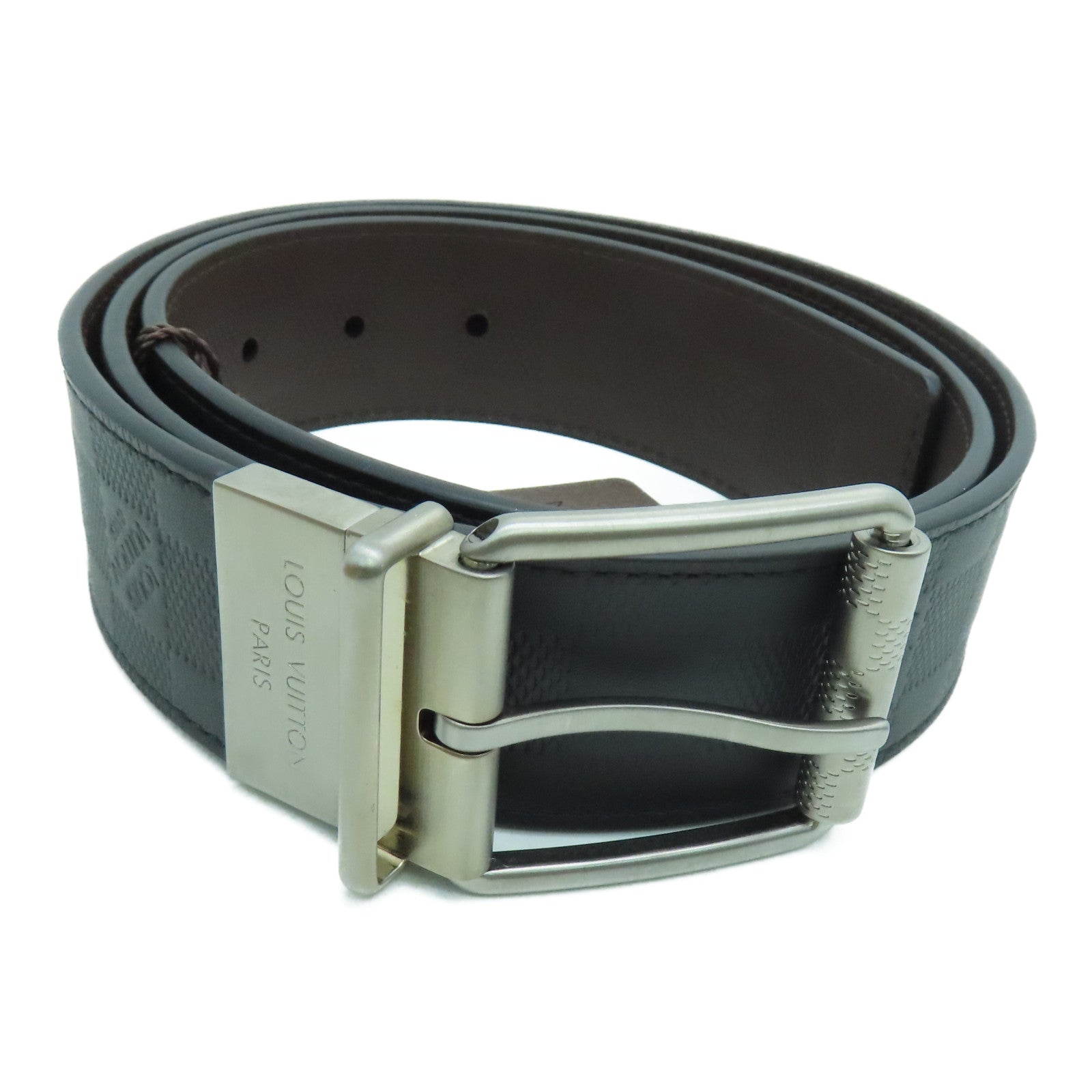 LOUIS VUITTON Damier Belt 100cm銀扣皮帶黑色