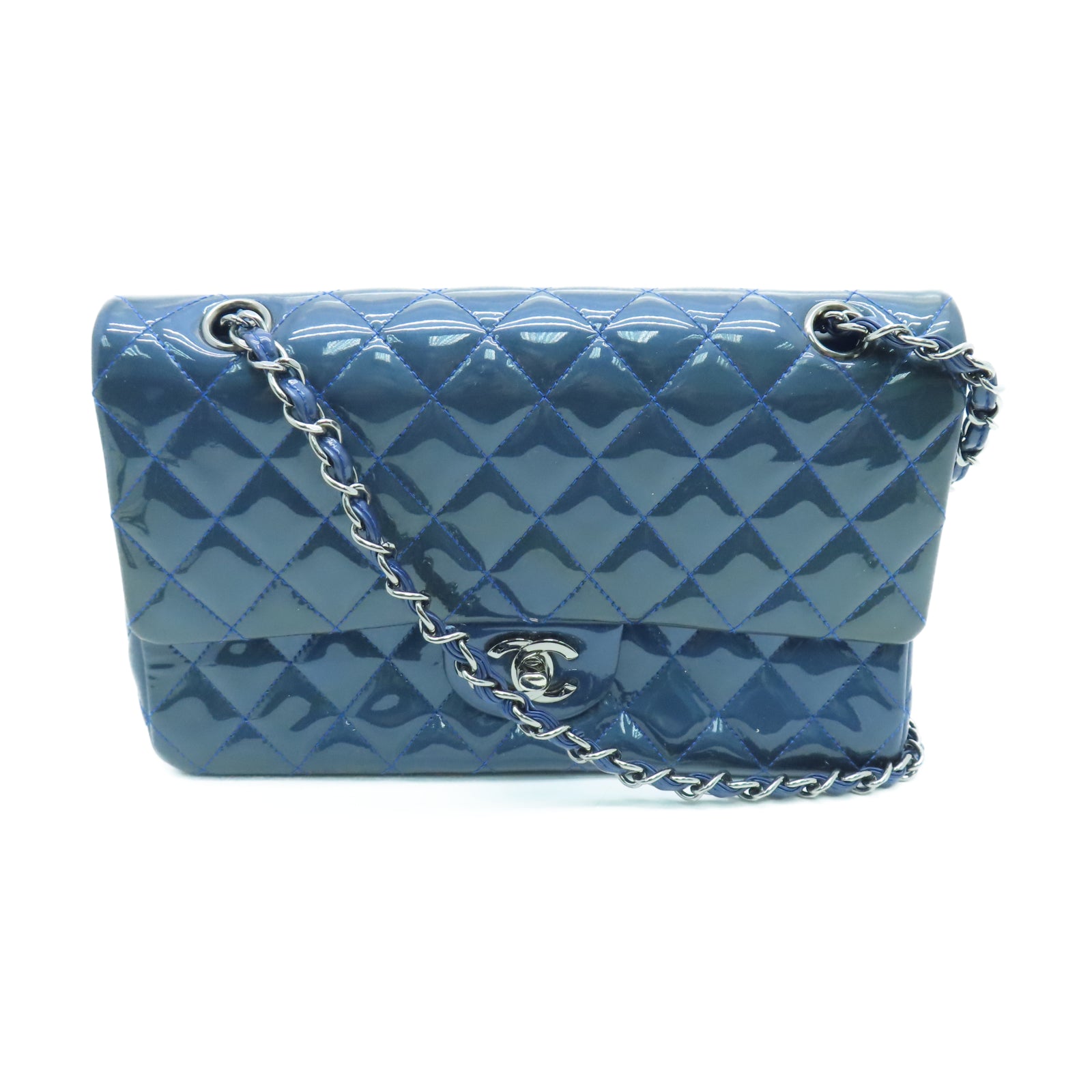 CHANEL 菱格漆皮皮革Classic 25cm銀扣鏈帶肩背袋藍色