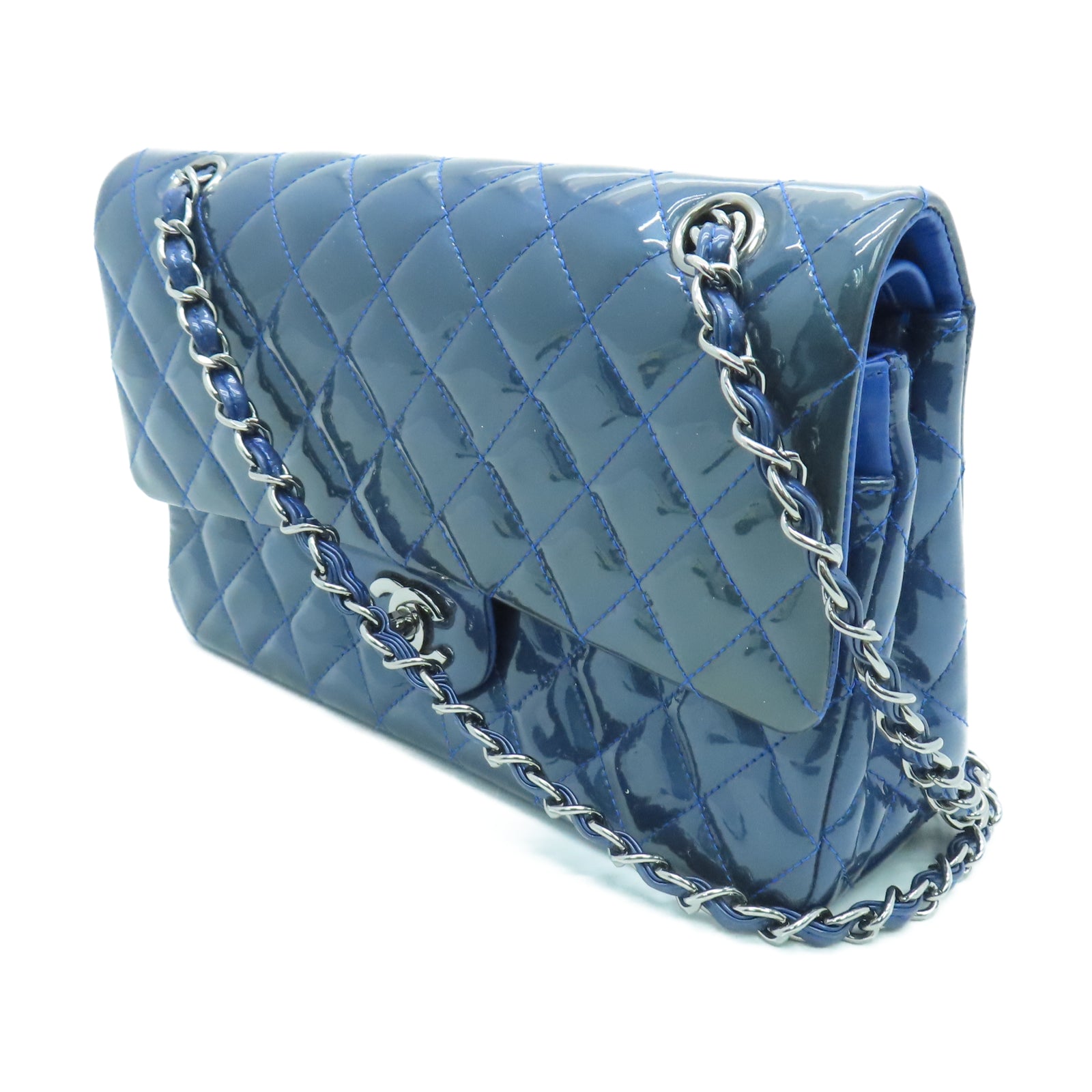 CHANEL 菱格漆皮皮革Classic 25cm銀扣鏈帶肩背袋藍色