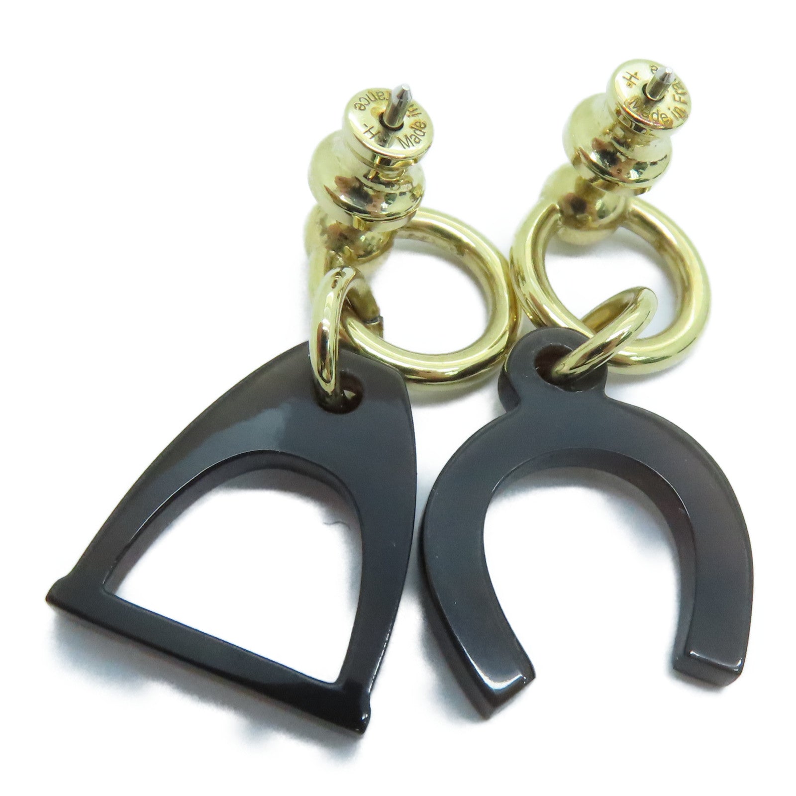 HERMES 水牛角Earrings金扣耳環啡色