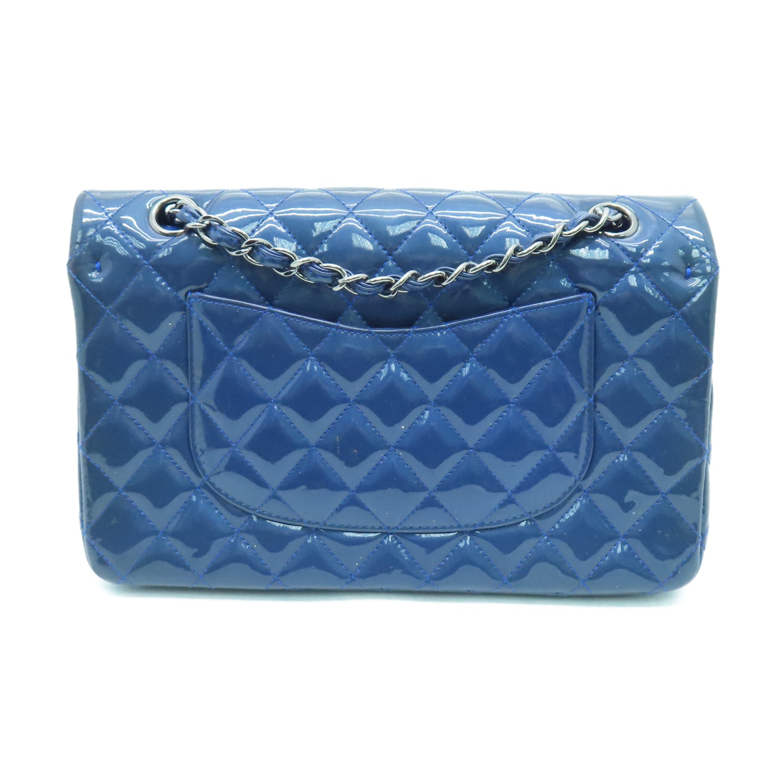 CHANEL 菱格漆皮皮革Classic 25cm銀扣鏈帶肩背袋藍色