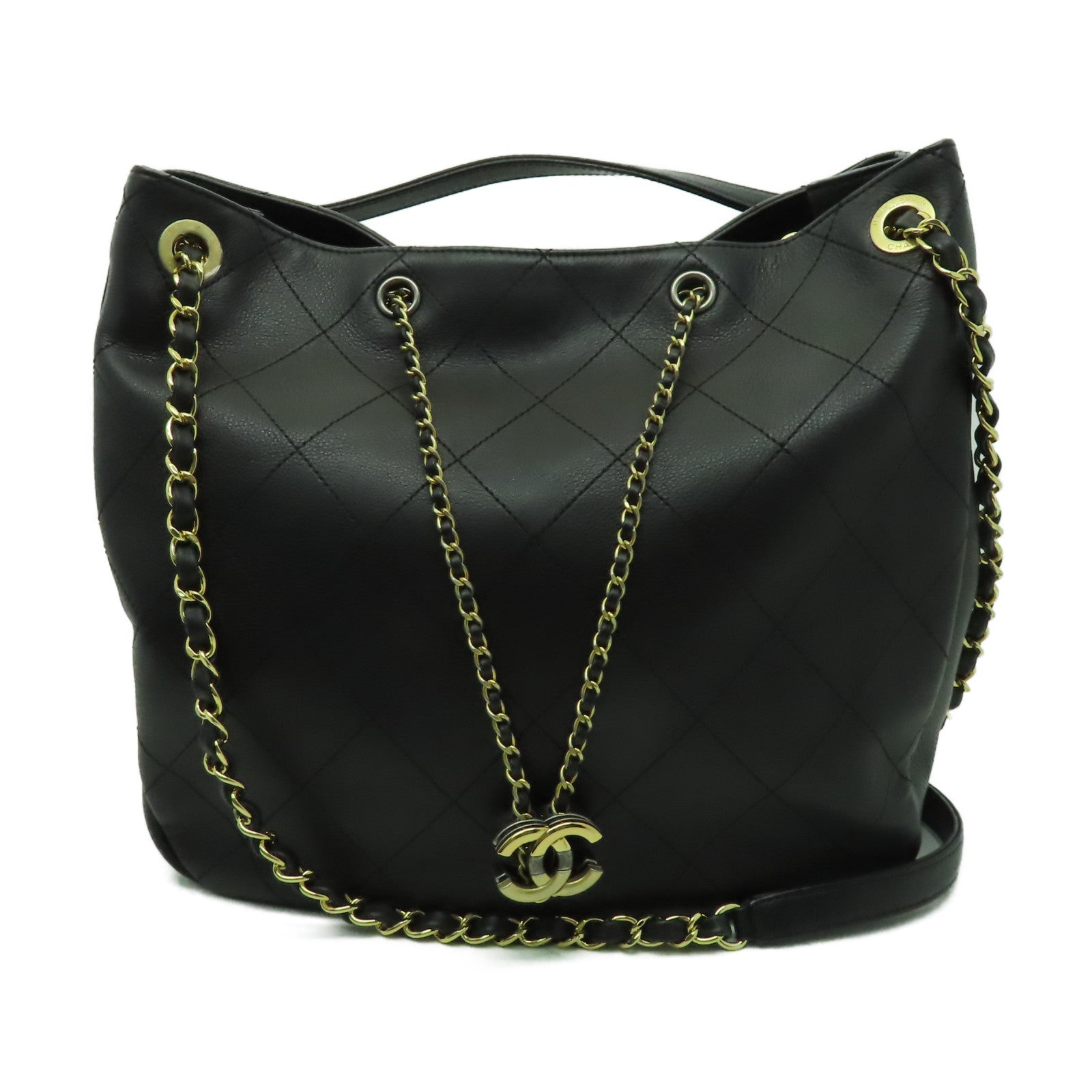 CHANEL 牛皮皮革Bucket金扣手挽肩背兩用袋黑色