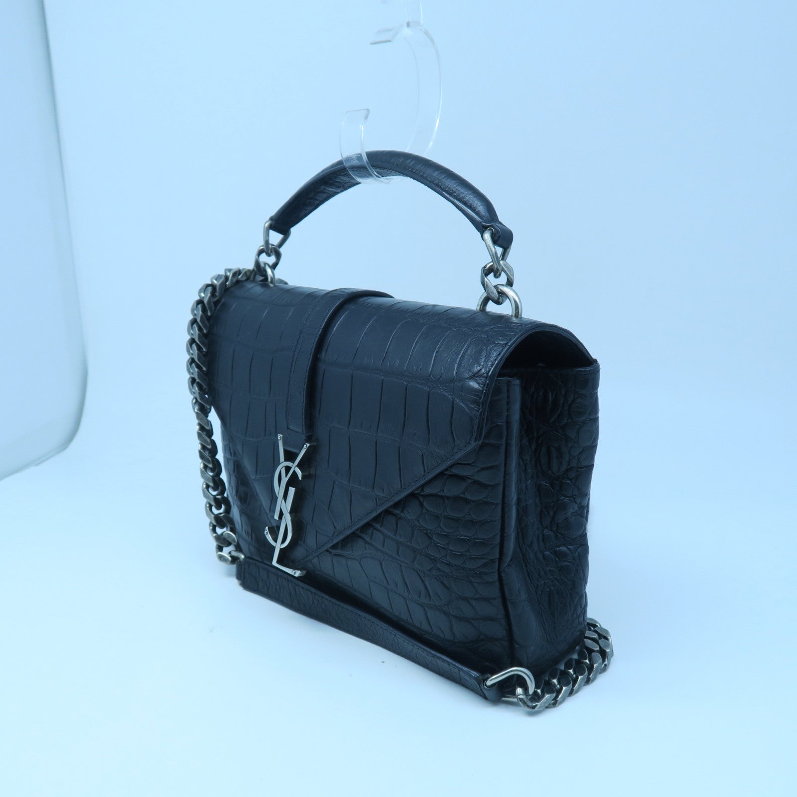 SAINT LAURENT 牛皮皮革Chain Shoulder銀扣手挽肩背兩用袋黑色