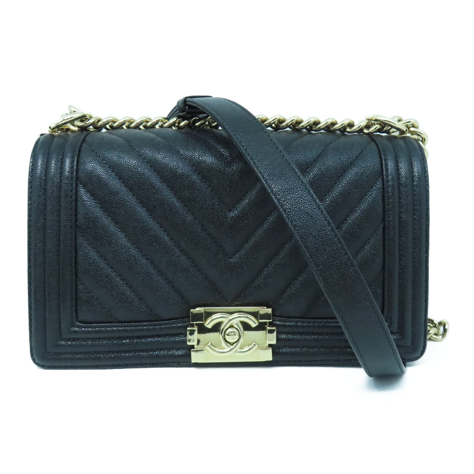 CHANEL 【激減優惠】斜紋牛皮皮革Chain Shoulder金扣鏈帶肩背袋黑色