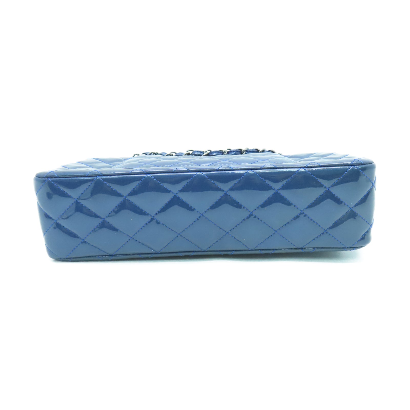 CHANEL 菱格漆皮皮革Classic 25cm銀扣鏈帶肩背袋藍色