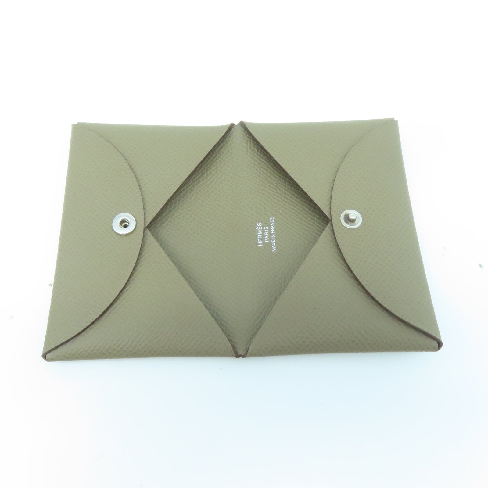 HERMES Veau Epsom皮革Calvi銀扣卡片包Etoupe大象灰色