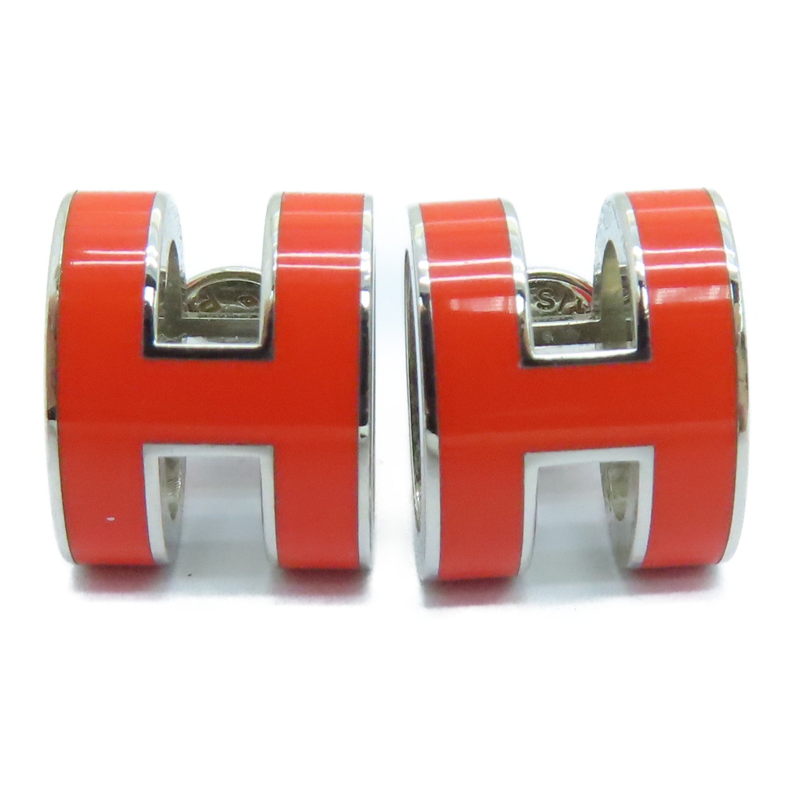 HERMES 金屬H pop Earrings銀扣耳環橙色