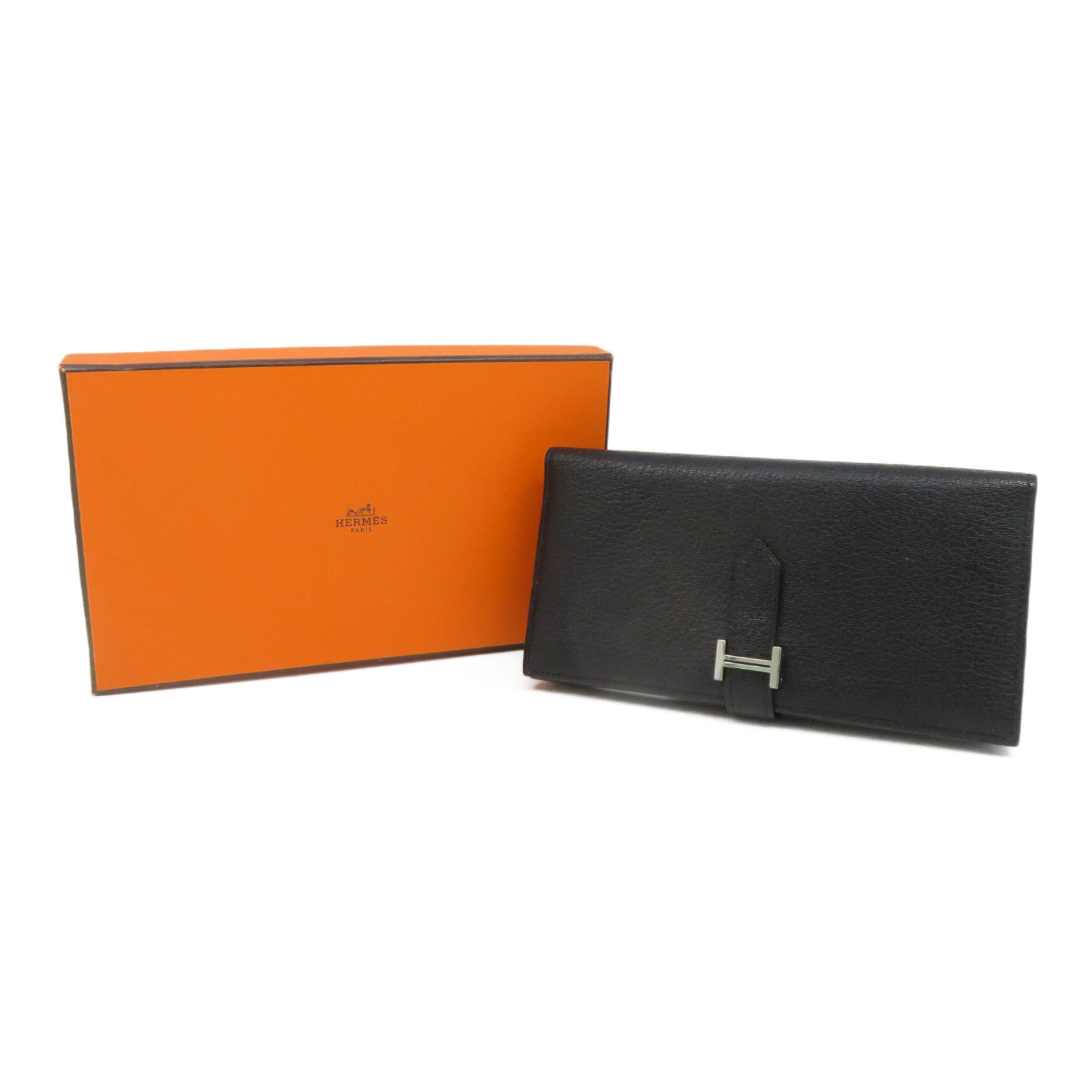 HERMES 【激减优惠】Chevre皮革Bearn W Snap银扣长钱包黑色