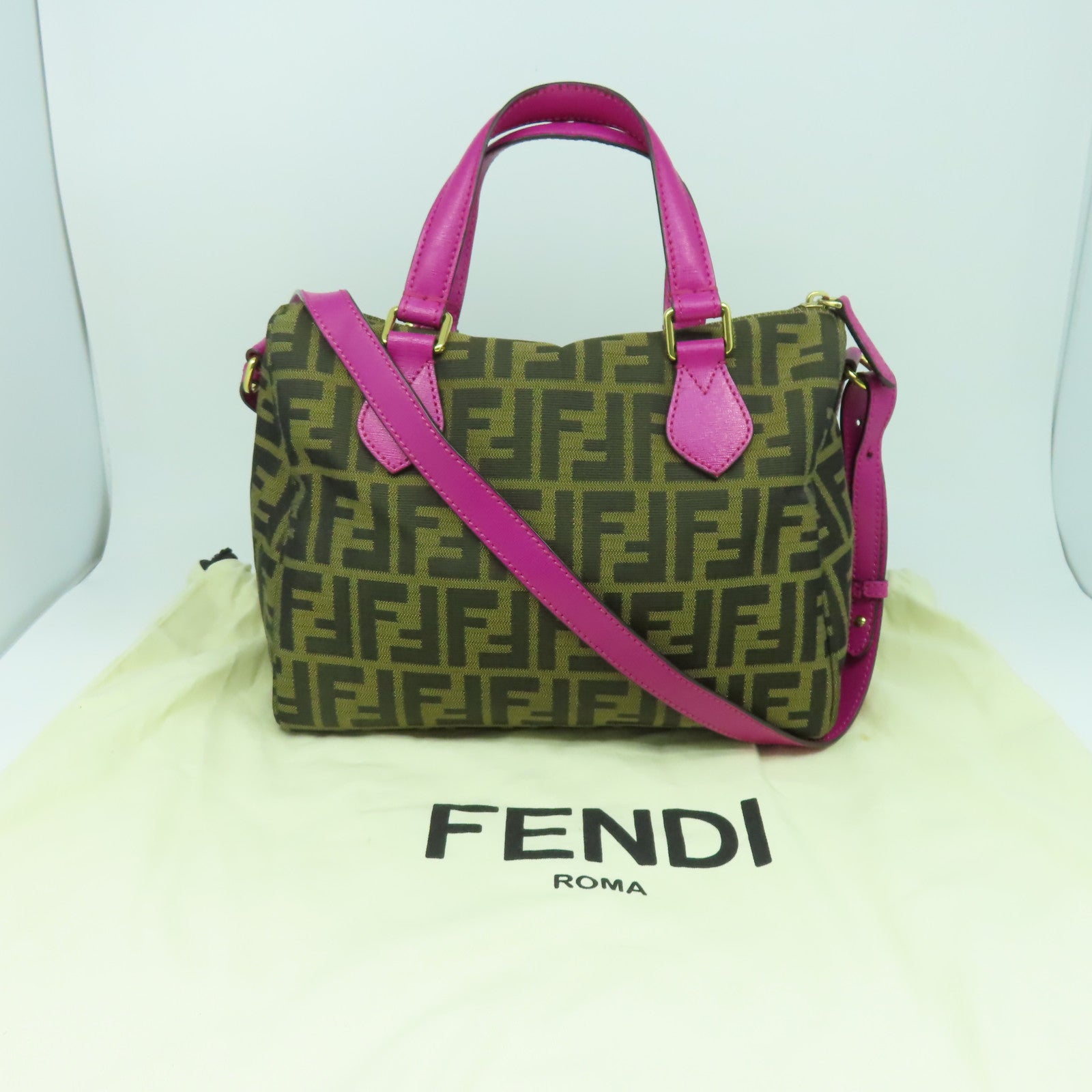 FENDI 帆布Shoulder Bag金扣手挽肩背兩用袋啡色/紫色