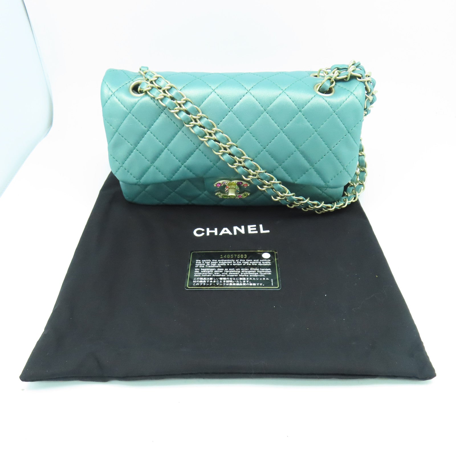 CHANEL 菱格牛皮皮革Chain Shoulder金扣鏈帶肩背袋綠色