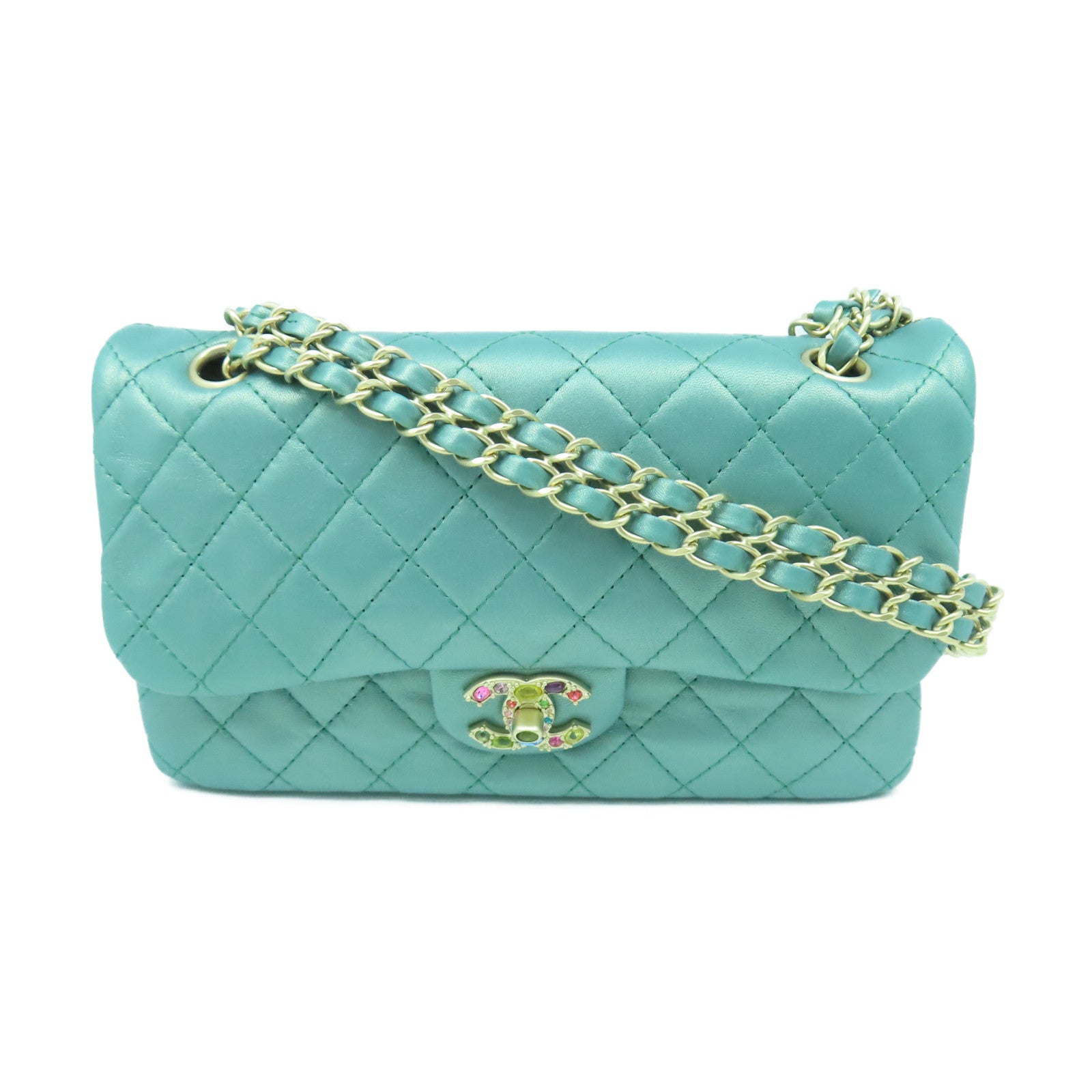 CHANEL 菱格牛皮皮革Chain Shoulder金扣鏈帶肩背袋綠色