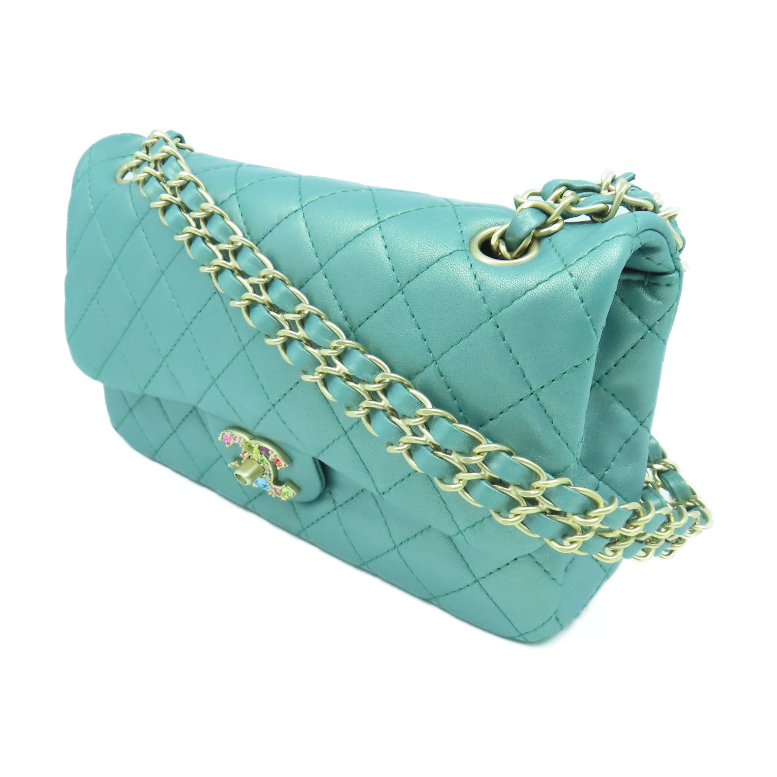 CHANEL 菱格牛皮皮革Chain Shoulder金扣鏈帶肩背袋綠色