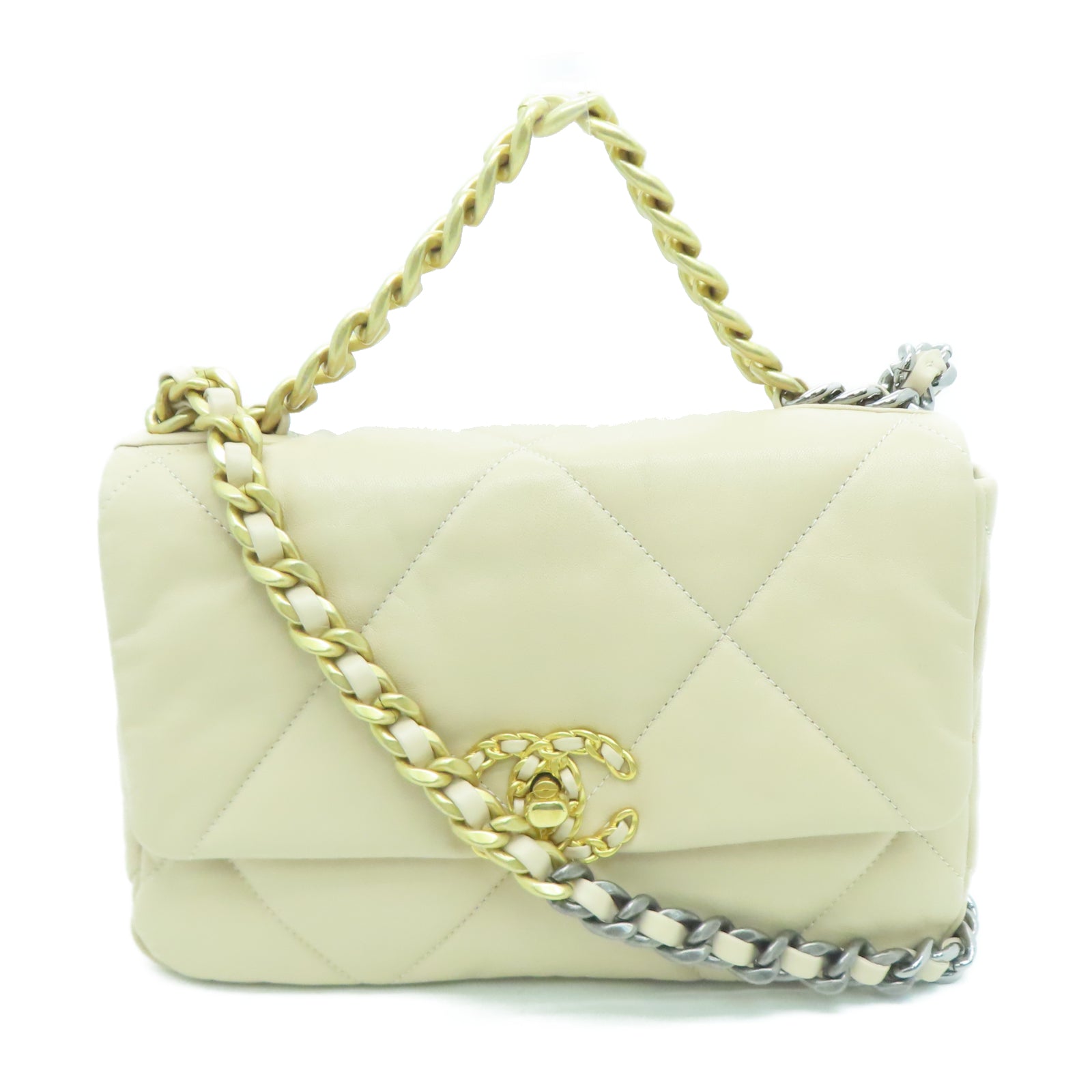 CHANEL 菱格牛皮皮革Chain Shoulder金银扣链带手挽肩背两用袋米色