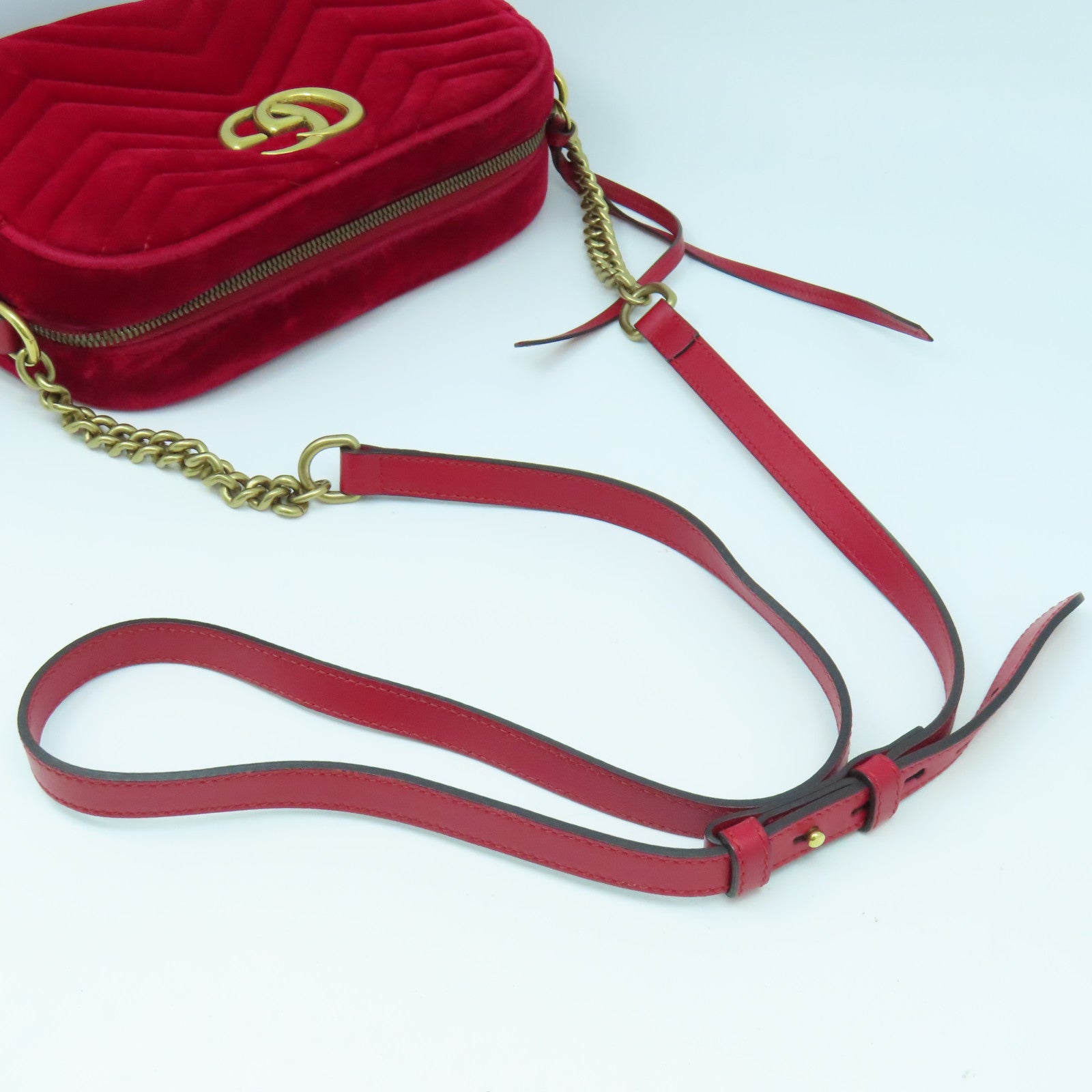 GUCCI 天鵝絨GG Marmont金扣肩背袋紅色